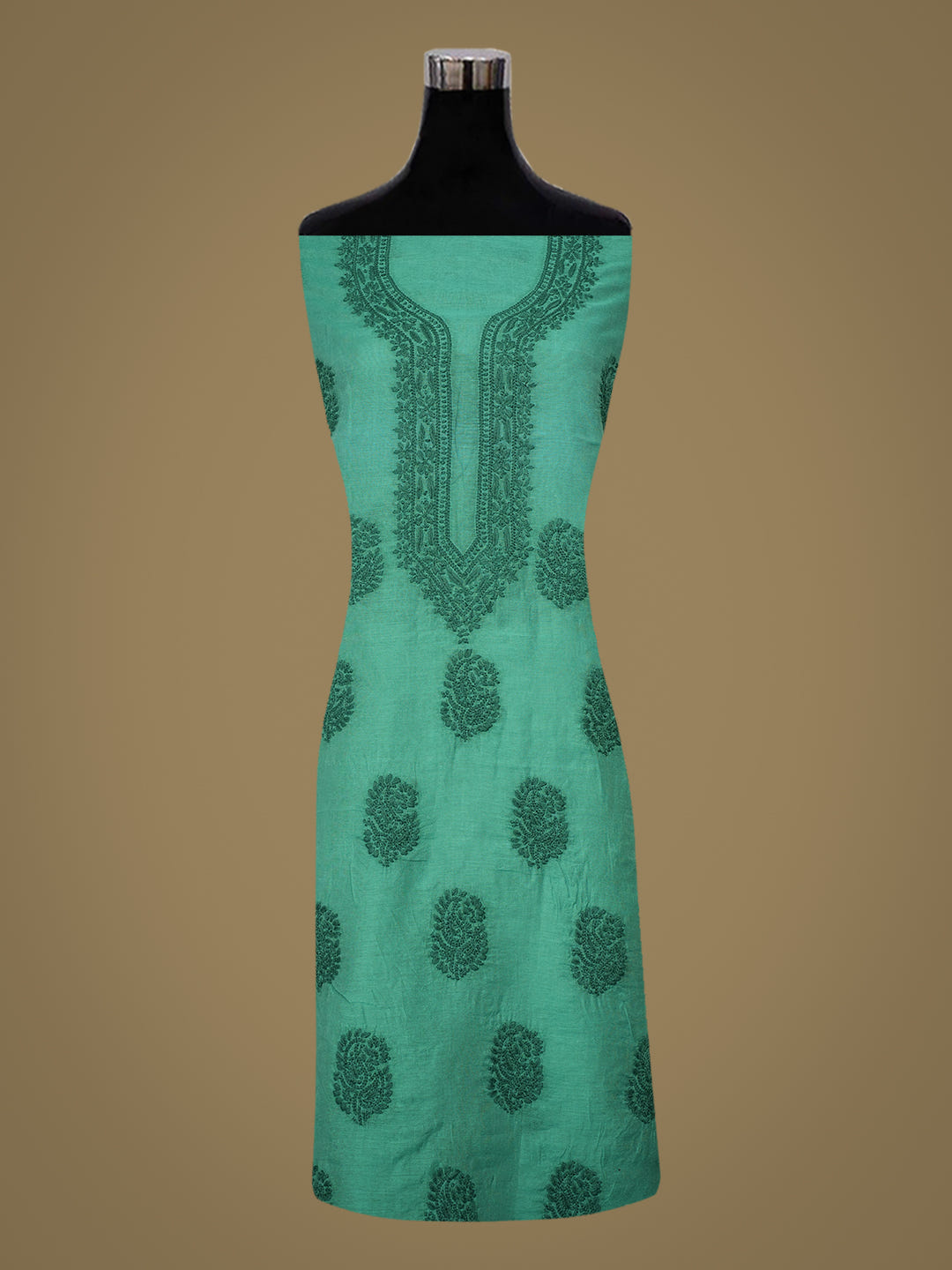 Ada Hand Embroidered Forest Green Chanderi Lucknowi Chikankari Unstitched Kurta Dupatta Set 01A888101_3