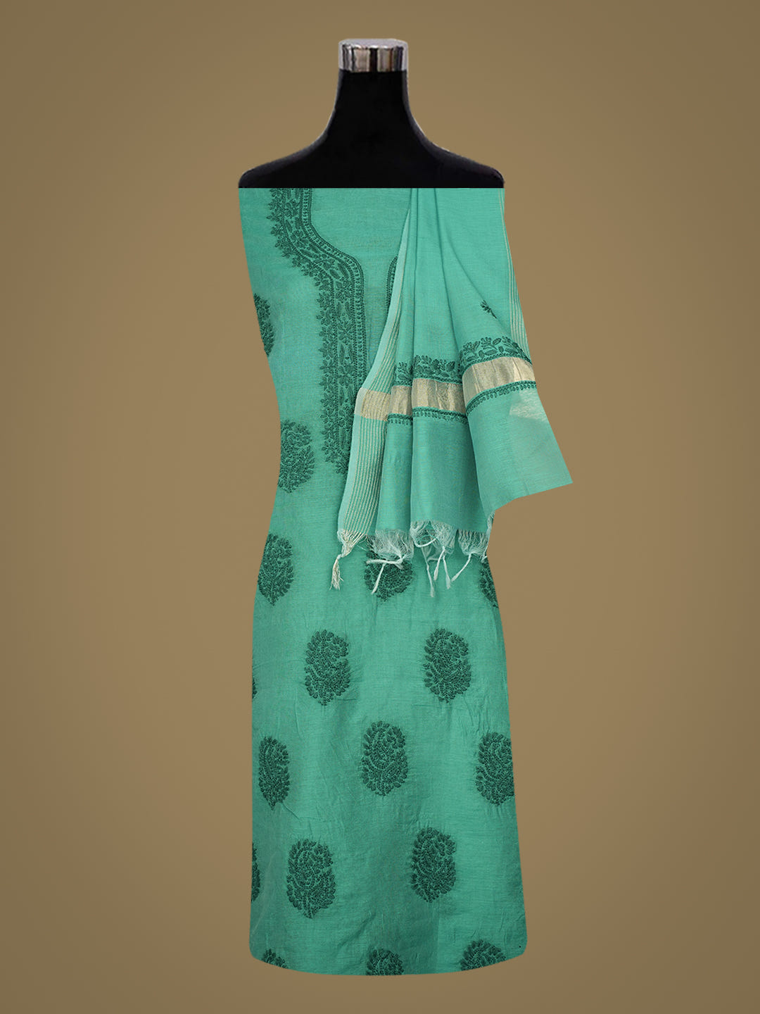 Ada Hand Embroidered Forest Green Chanderi Lucknowi Chikankari Unstitched Kurta Dupatta Set 01A888101_2