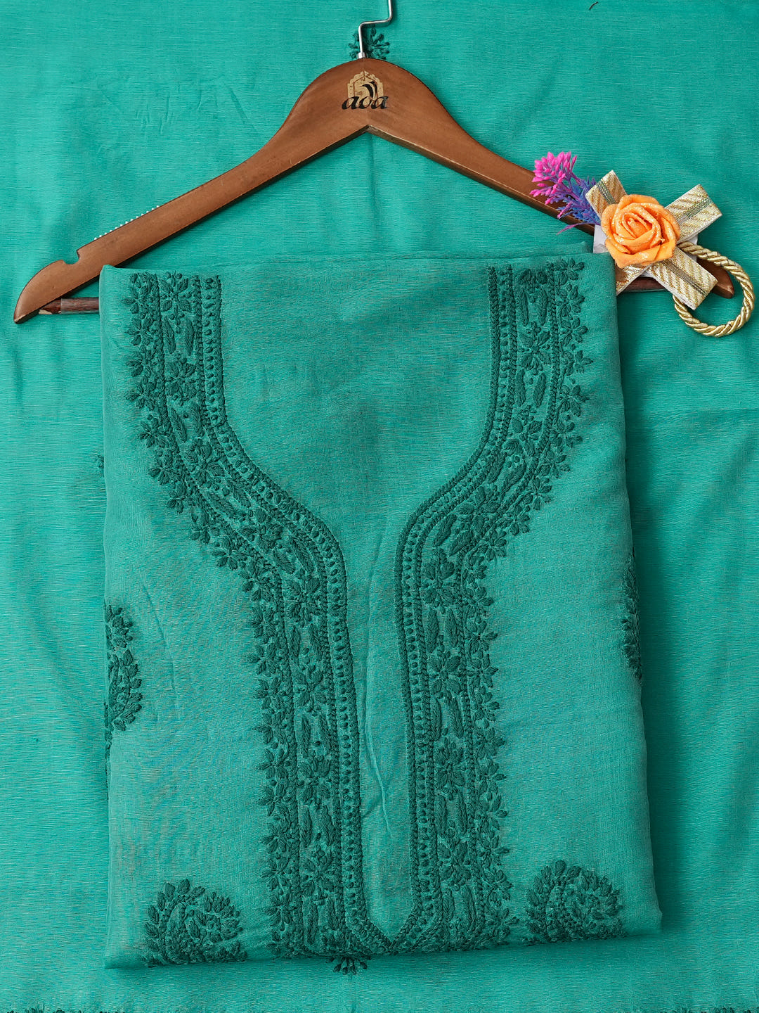 Ada Hand Embroidered Forest Green Chanderi Lucknowi Chikankari Unstitched Kurta Dupatta Set 01A888101_1