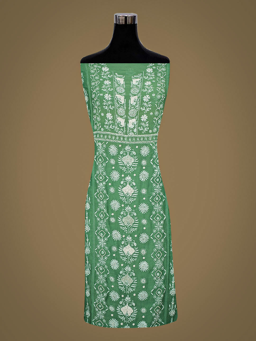 Ada Hand Embroidered Green Chanderi Lucknowi Chikankari Semi-stitched Kurta Dupatta Set With Pearl Work 01A866723