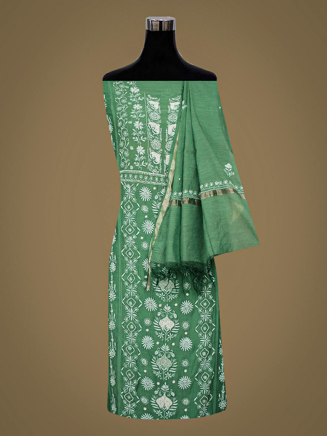 Ada Hand Embroidered Green Chanderi Lucknowi Chikankari Semi-stitched Kurta Dupatta Set With Pearl Work 01A866723