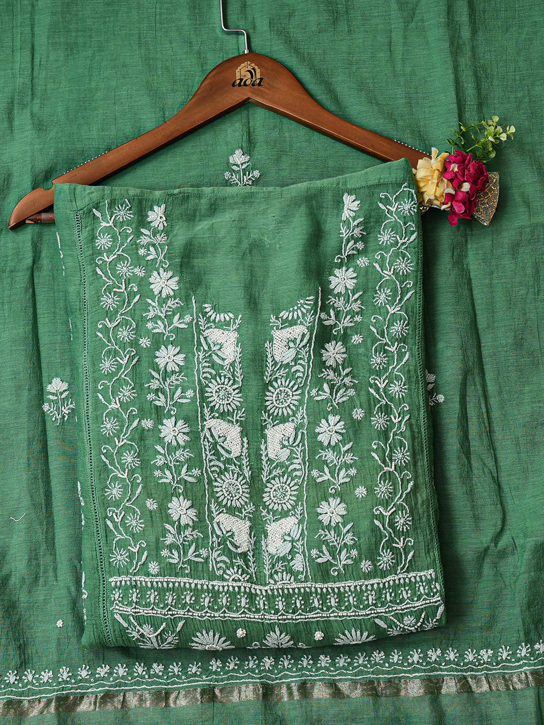 Ada Hand Embroidered Green Chanderi Lucknowi Chikankari Semi-stitched Kurta Dupatta Set With Pearl Work 01A866723