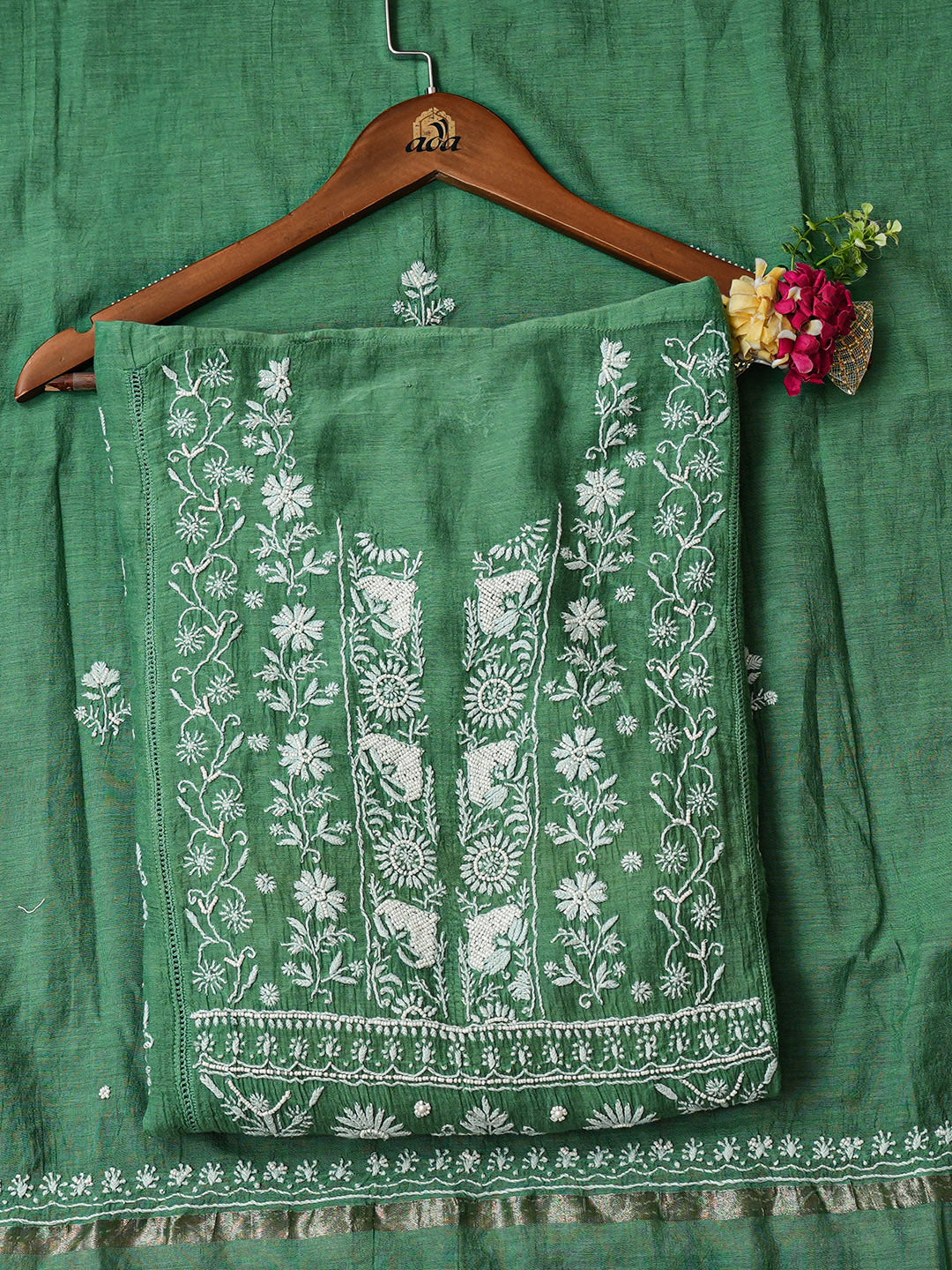Ada Hand Embroidered Green Chanderi Lucknowi Chikankari Semi-stitched Kurta Dupatta Set With Pearl Work 01A866723