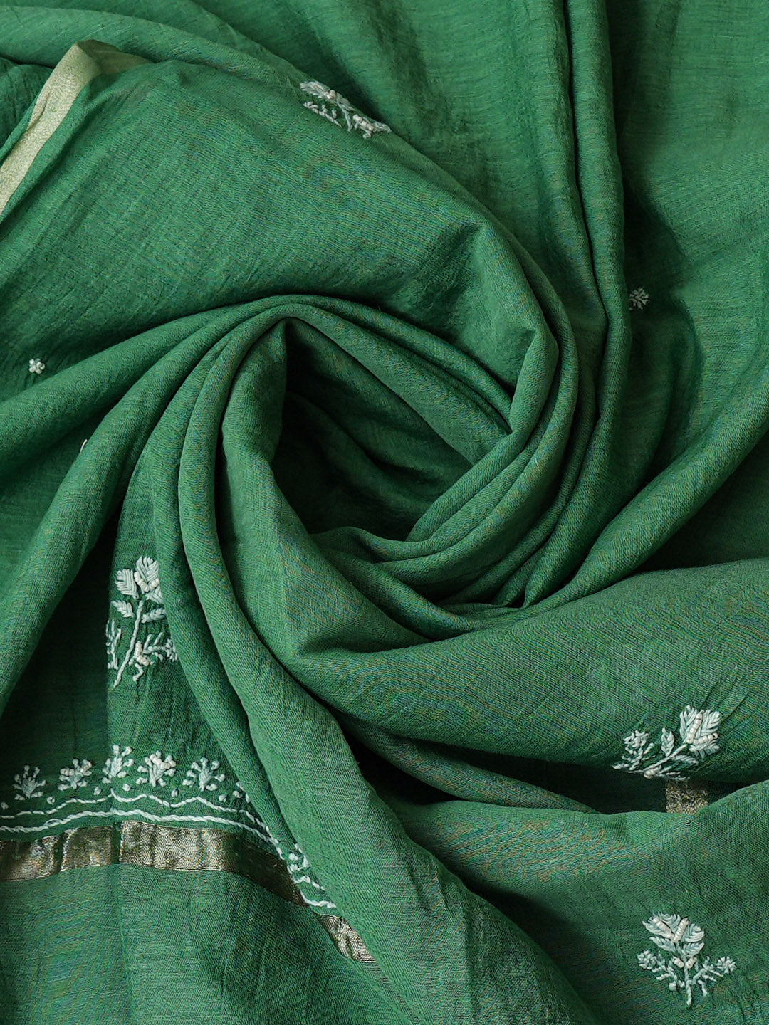 Ada Hand Embroidered Green Chanderi Lucknowi Chikankari Semi-stitched Kurta Dupatta Set With Pearl Work 01A866723