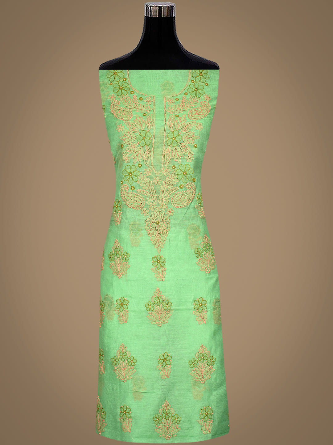 Ada Hand Embroidered Green Chanderi Lucknowi Chikankari Unstitched Kurta Dupatta Set_3