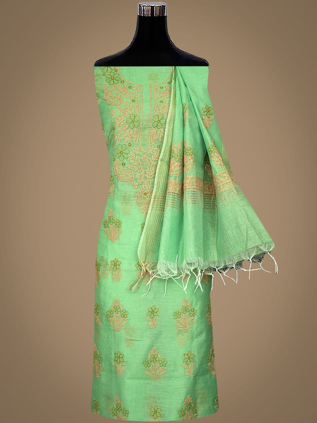 Ada Hand Embroidered Green Chanderi Lucknowi Chikankari Unstitched Kurta Dupatta Set_2