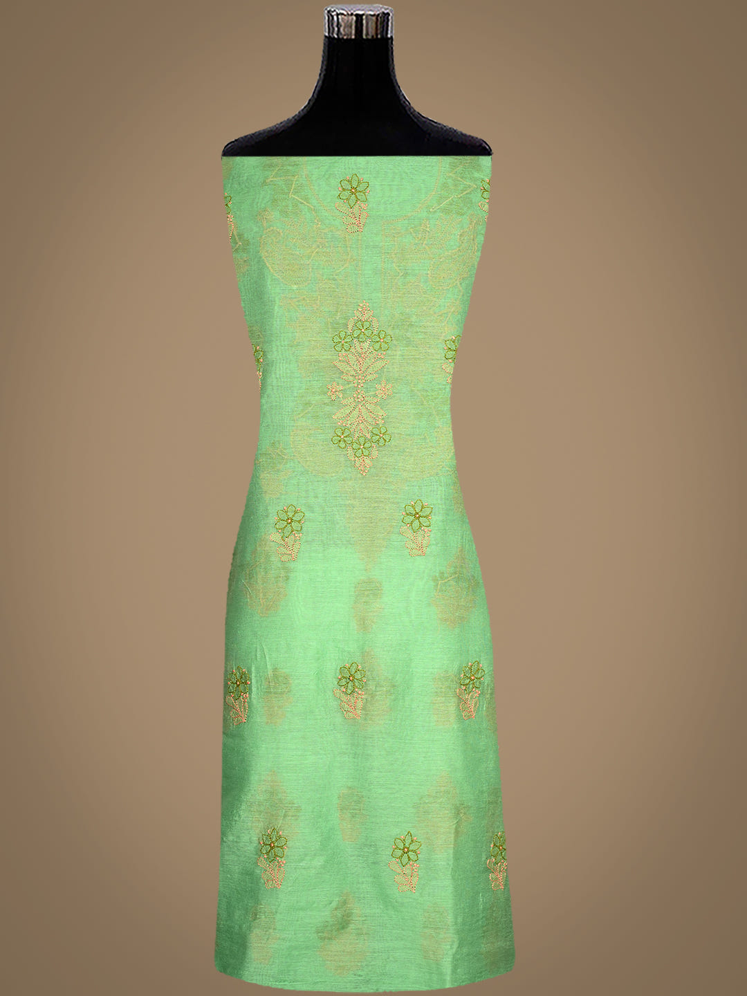 Ada Hand Embroidered Green Chanderi Lucknowi Chikankari Unstitched Kurta Dupatta Set_4