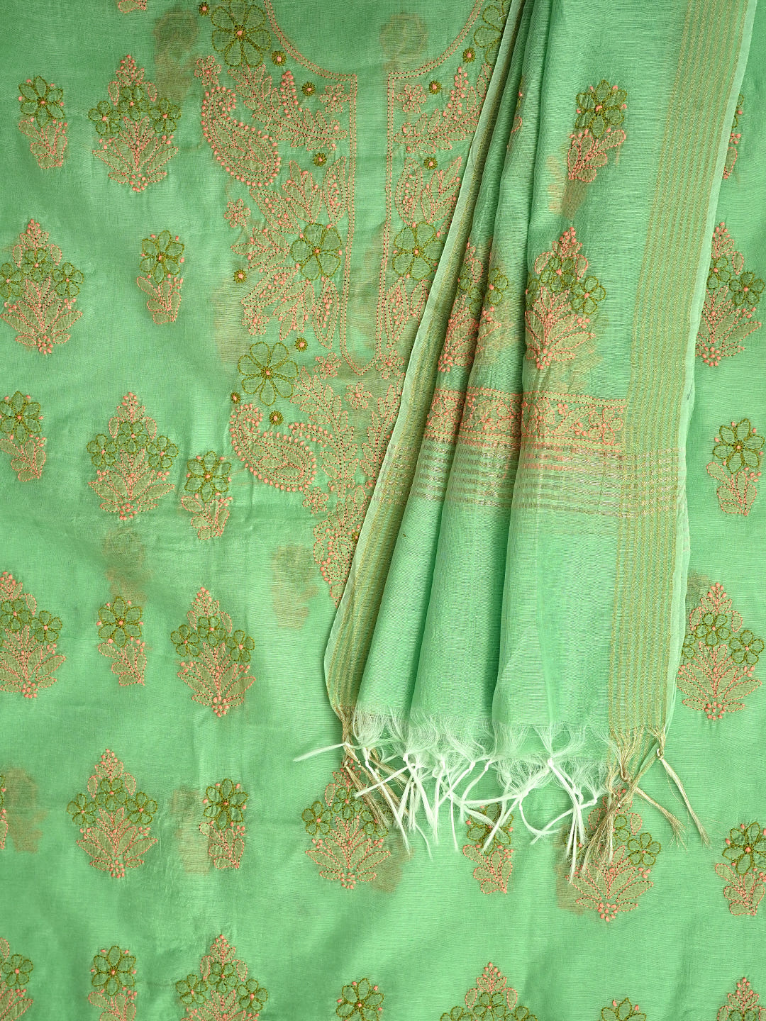 Ada Hand Embroidered Green Chanderi Lucknowi Chikankari Unstitched Kurta Dupatta Set_5