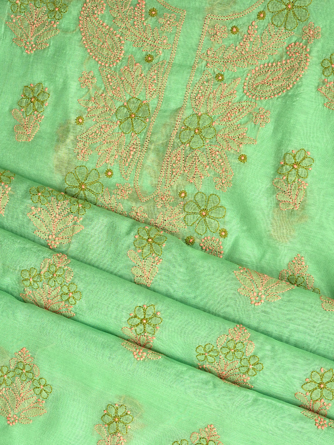 Ada Hand Embroidered Green Chanderi Lucknowi Chikankari Unstitched Kurta Dupatta Set_6