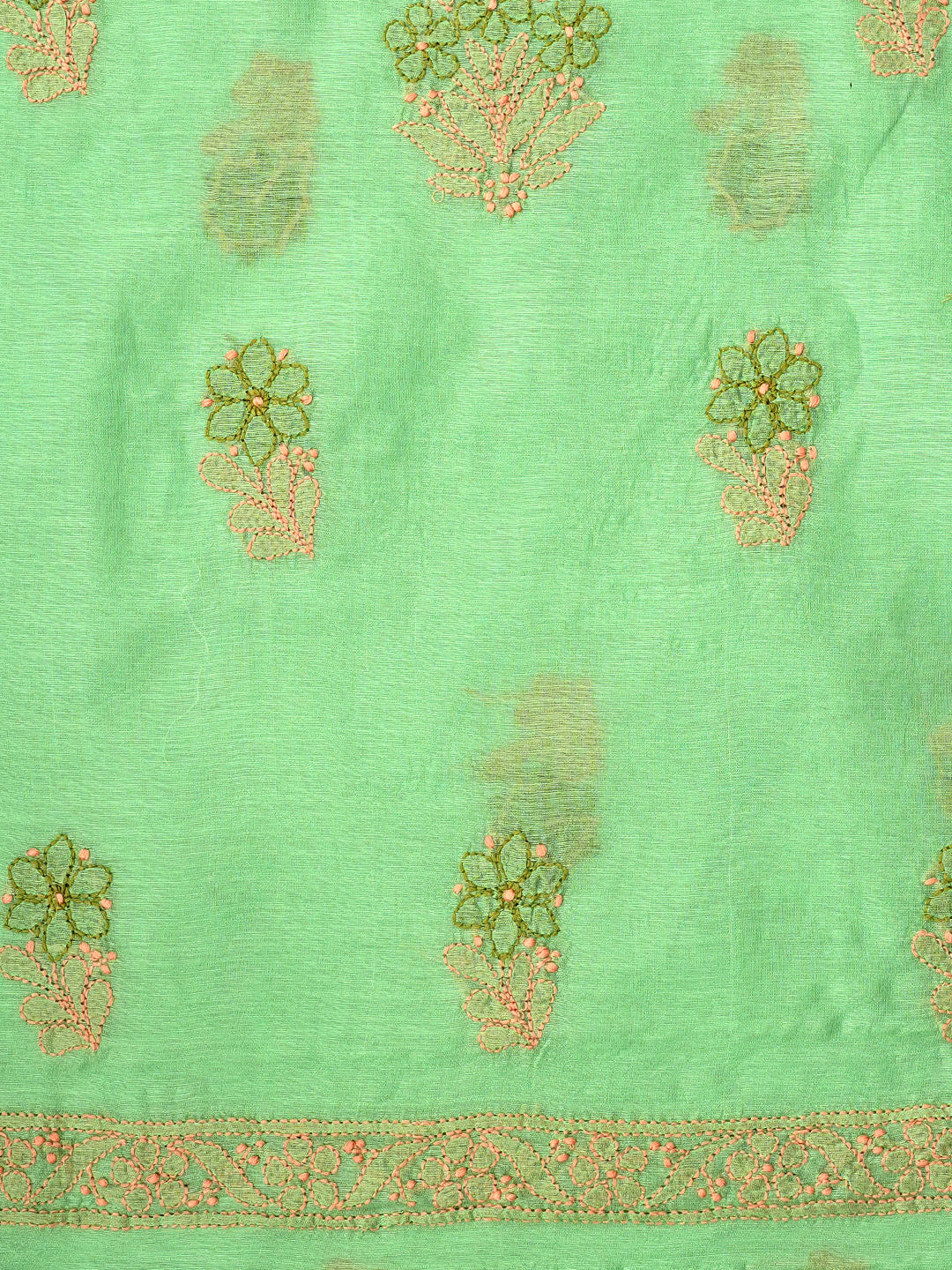 Ada Hand Embroidered Green Chanderi Lucknowi Chikankari Unstitched Kurta Dupatta Set_7