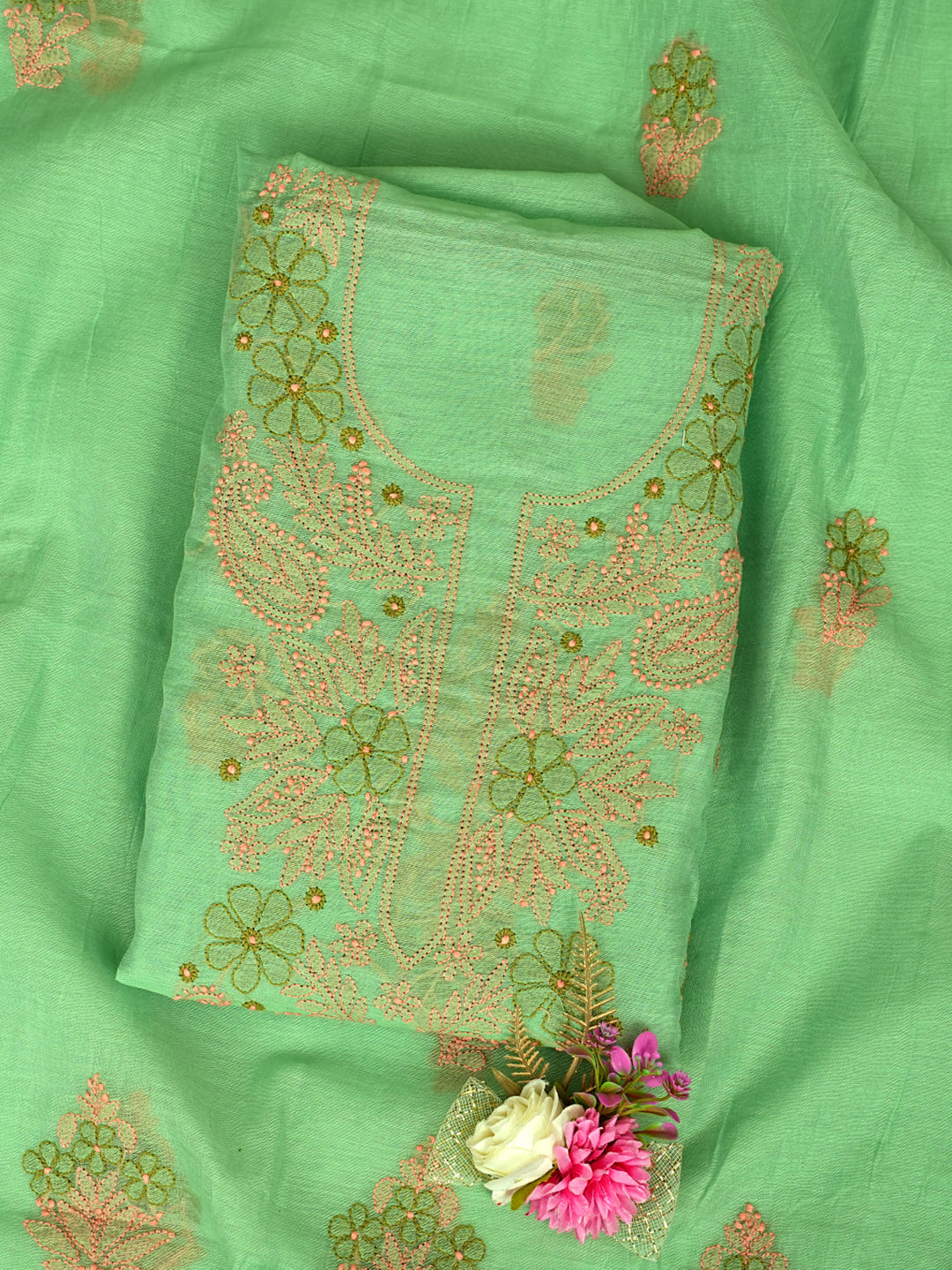 Ada Hand Embroidered Green Chanderi Lucknowi Chikankari Unstitched Kurta Dupatta Set_1