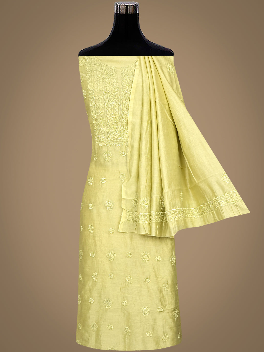 Ada Hand Embroidered Green Chanderi Lucknowi Chikankari Unstitched Kurta Dupatta Set 01A962386