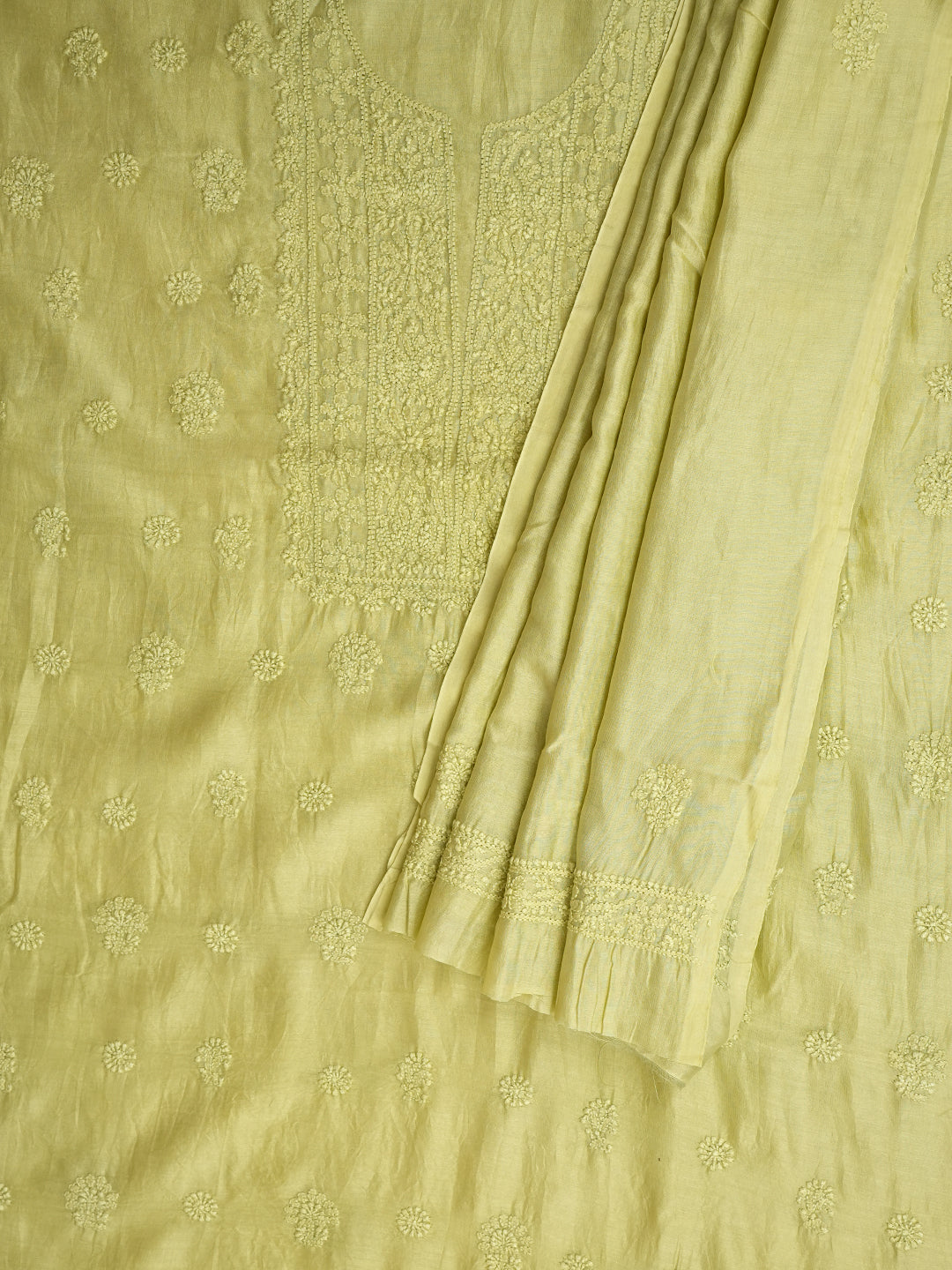 Ada Hand Embroidered Green Chanderi Lucknowi Chikankari Unstitched Kurta Dupatta Set 01A962386