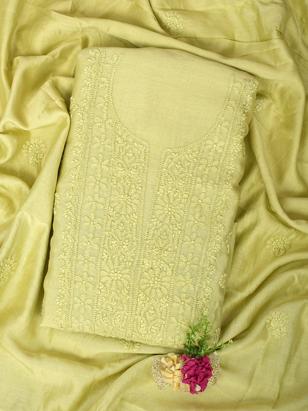 Ada Hand Embroidered Green Chanderi Lucknowi Chikankari Unstitched Kurta Dupatta Set 01A962386