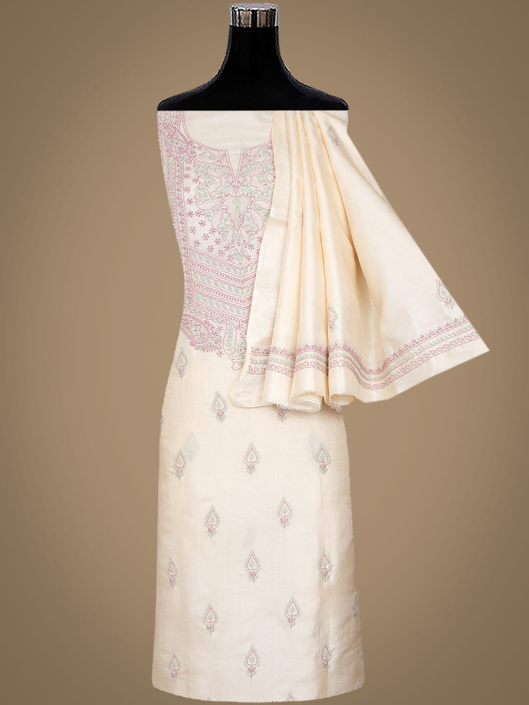 Ada Hand Embroidered Green Chanderi Lucknowi Chikankari Unstitched Kurta Dupatta Set 07A502925_4