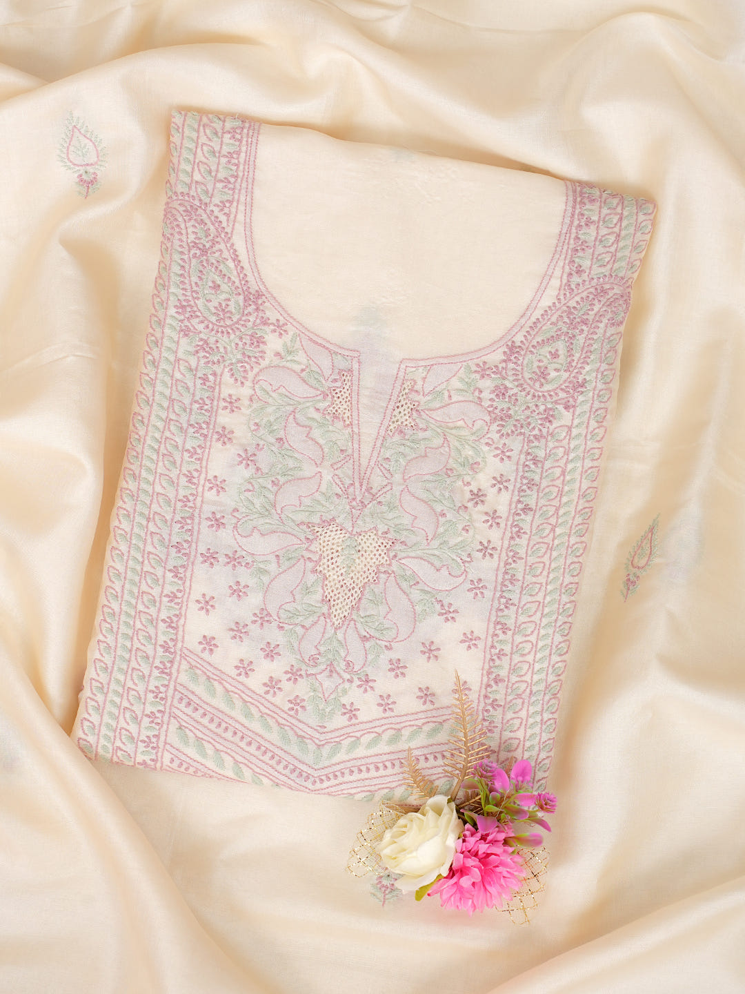 Ada Hand Embroidered Green Chanderi Lucknowi Chikankari Unstitched Kurta Dupatta Set 07A502925_1