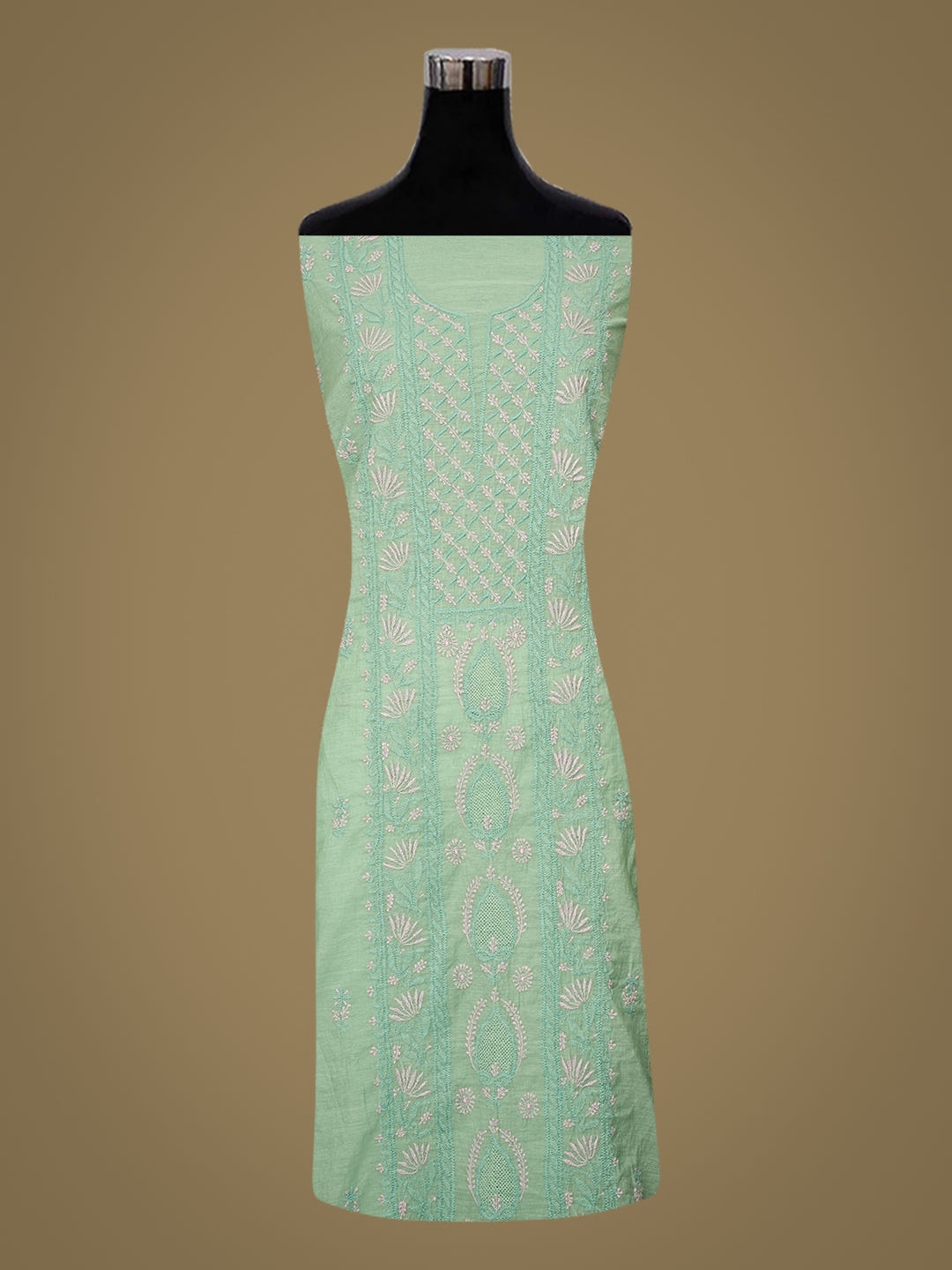 Ada Hand Embroidered Green Chanderi Lucknowi Chikankari Unstitched Kurta Dupatta Set 07A504576_3