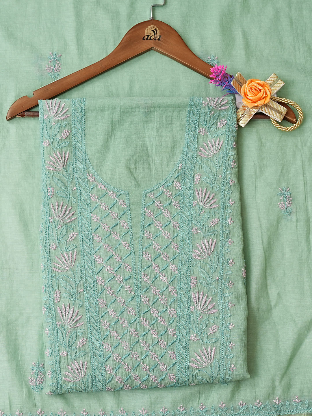 Ada Hand Embroidered Green Chanderi Lucknowi Chikankari Unstitched Kurta Dupatta Set 07A504576_1
