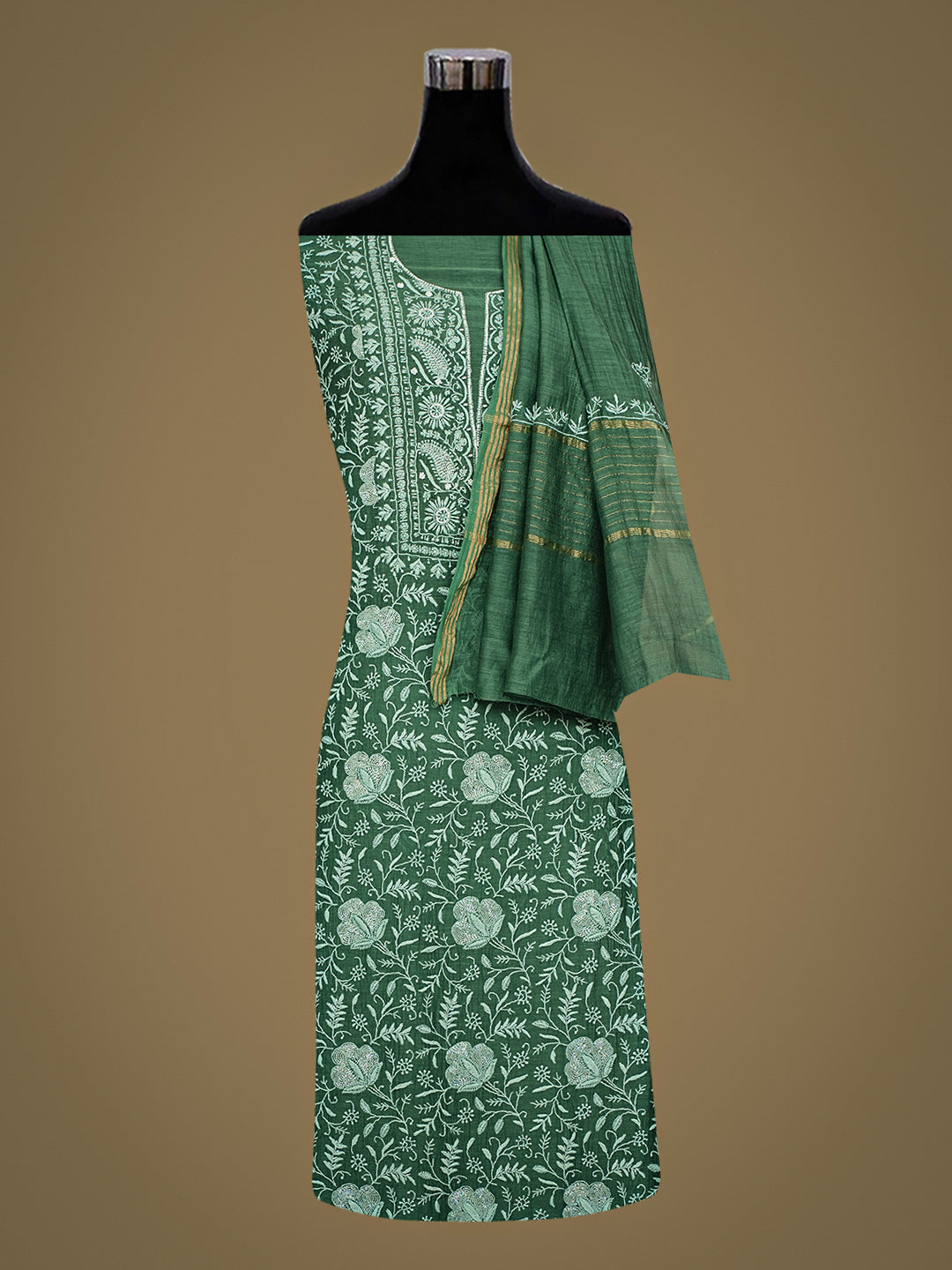 Ada Hand Embroidered Green Chanderi Lucknowi Chikankari Unstitched Kurta Dupatta Set With Cutdana Work 01A943593