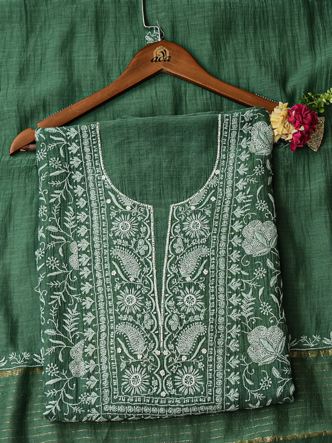 Ada Hand Embroidered Green Chanderi Lucknowi Chikankari Unstitched Kurta Dupatta Set With Cutdana Work 01A943593