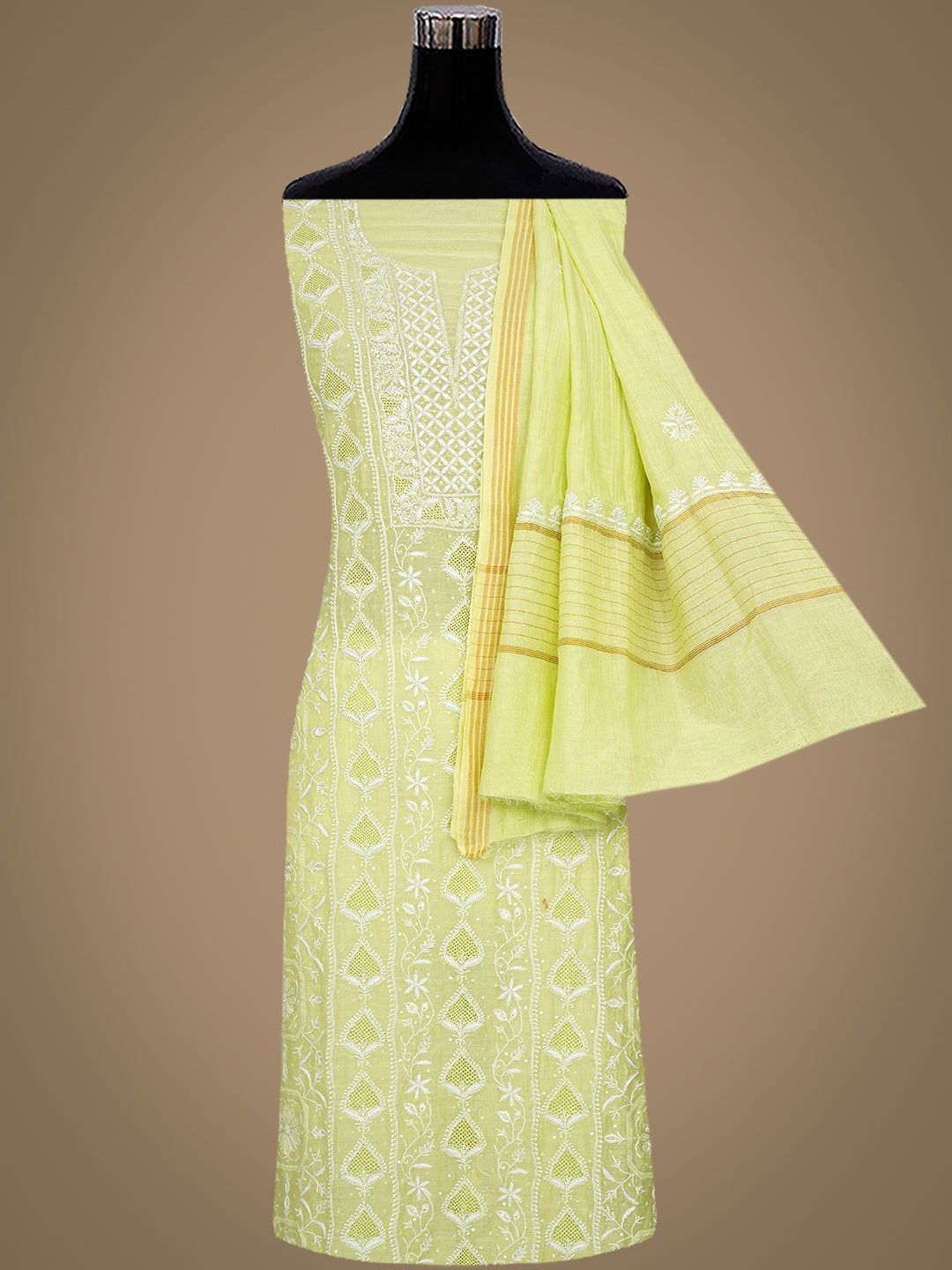Ada Hand Embroidered Green Chanderi Lucknowi Chikankari Unstitched Kurta Dupatta Set With Zari Work 01A963325