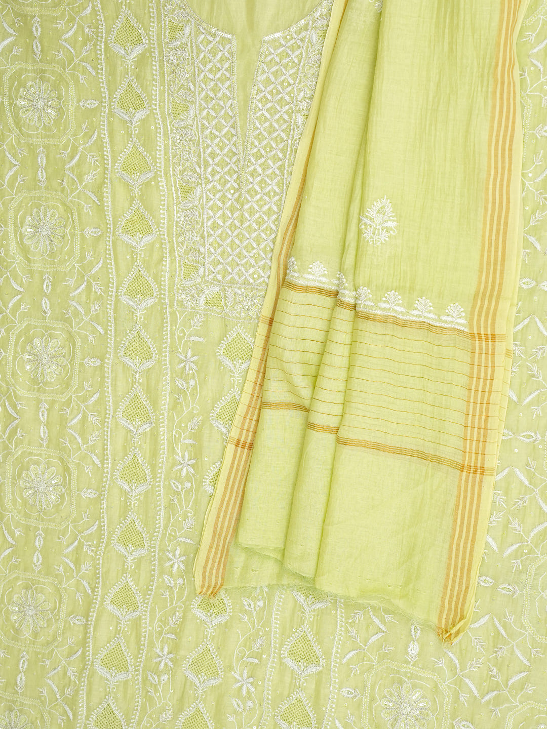 Ada Hand Embroidered Green Chanderi Lucknowi Chikankari Unstitched Kurta Dupatta Set With Zari Work 01A963325