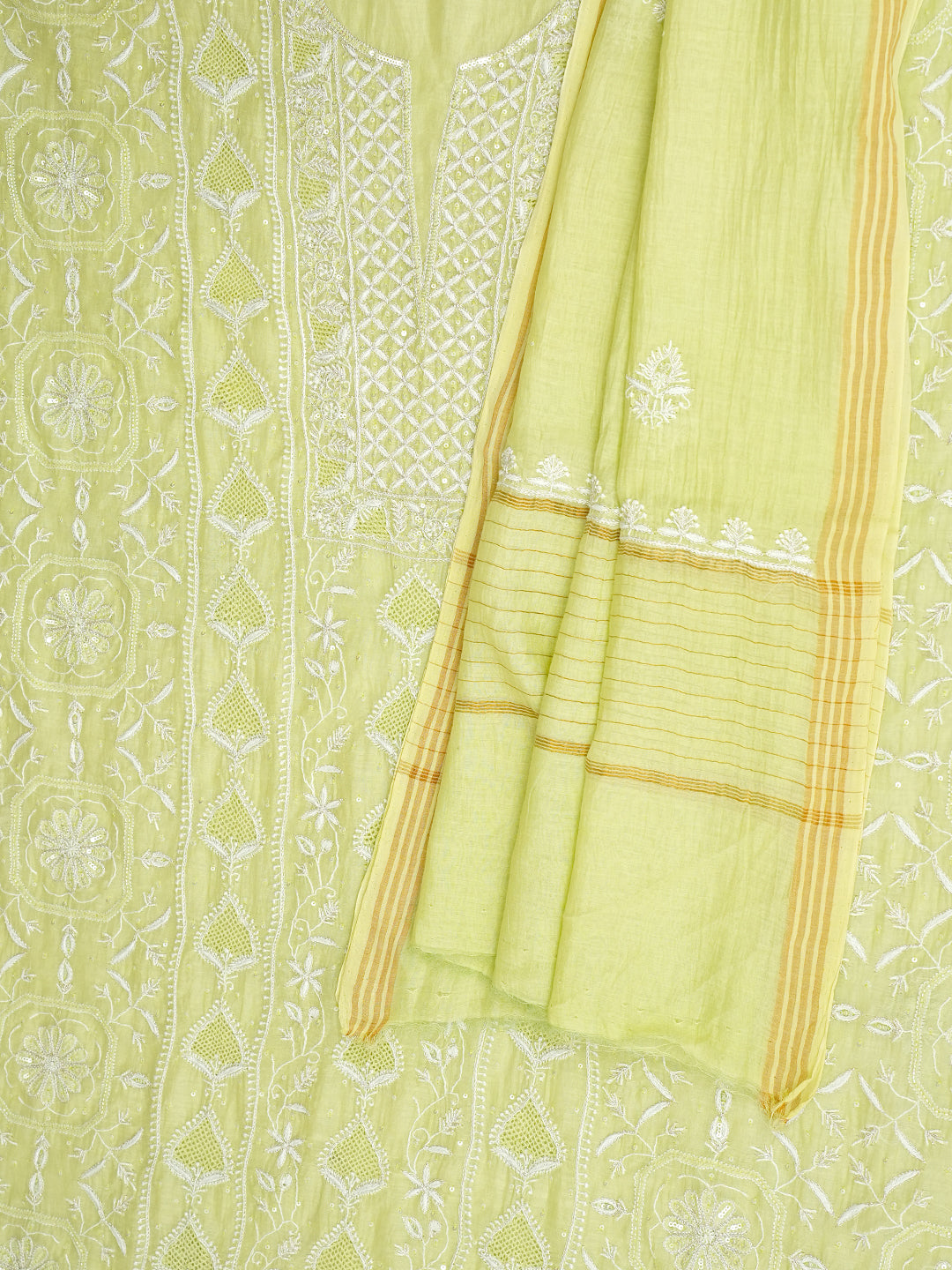 Ada Hand Embroidered Green Chanderi Lucknowi Chikankari Unstitched Kurta Dupatta Set With Zari Work 01A963325
