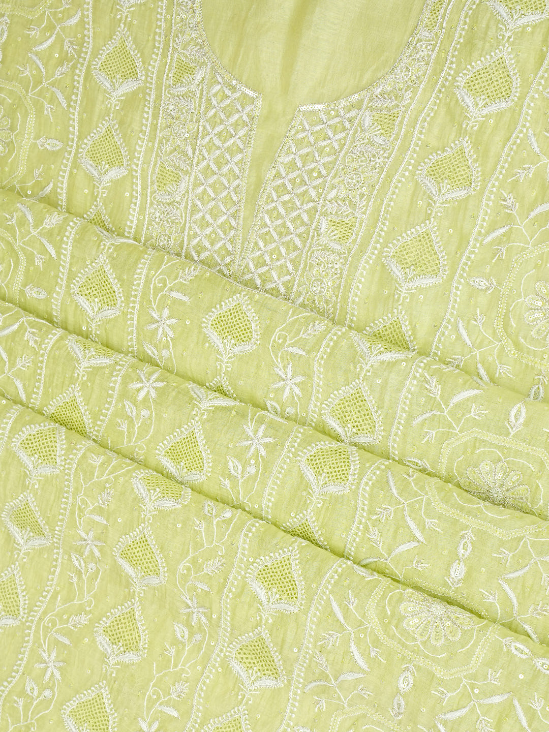 Ada Hand Embroidered Green Chanderi Lucknowi Chikankari Unstitched Kurta Dupatta Set With Zari Work 01A963325
