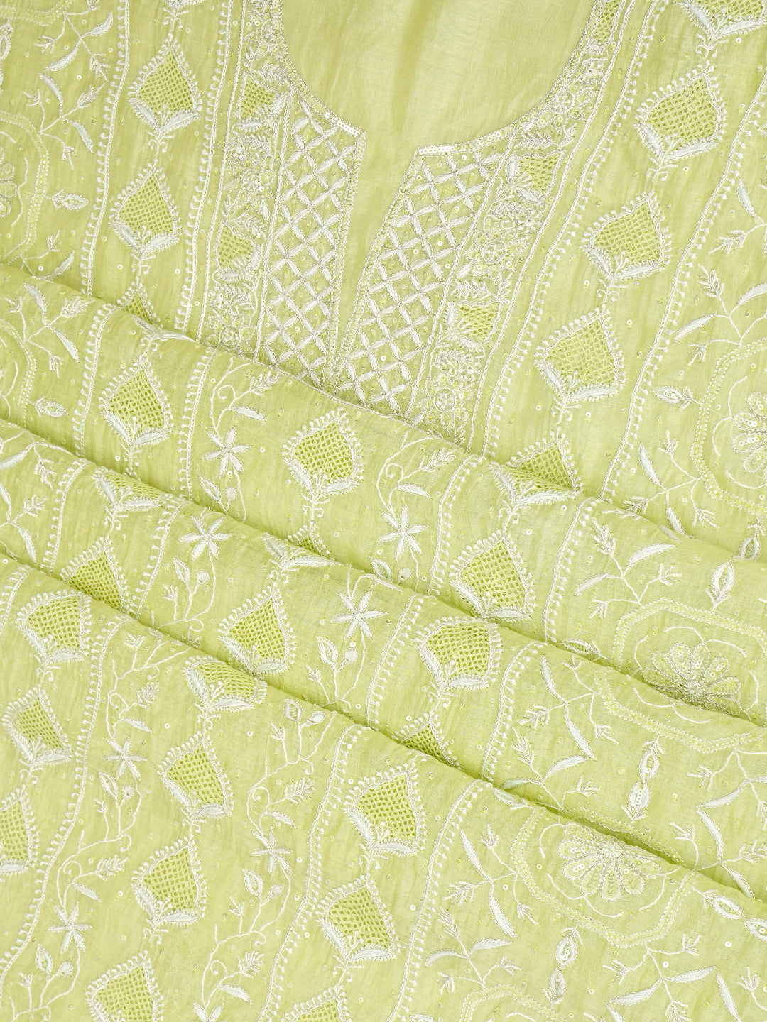 Ada Hand Embroidered Green Chanderi Lucknowi Chikankari Unstitched Kurta Dupatta Set With Zari Work 01A963325