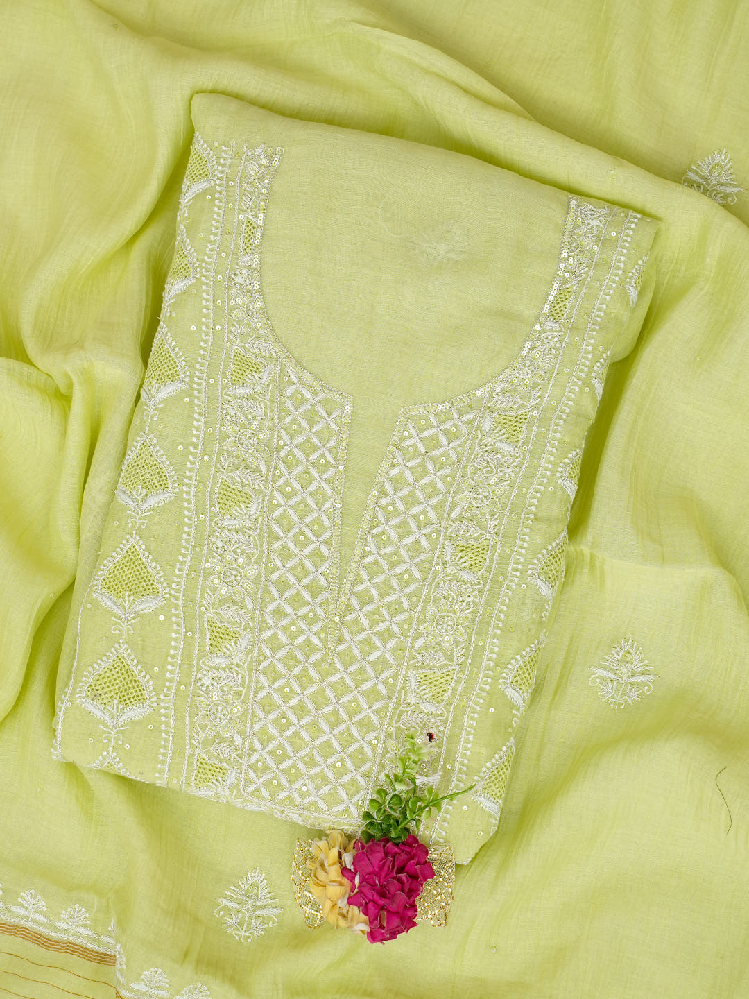 Ada Hand Embroidered Green Chanderi Lucknowi Chikankari Unstitched Kurta Dupatta Set With Zari Work 01A963325