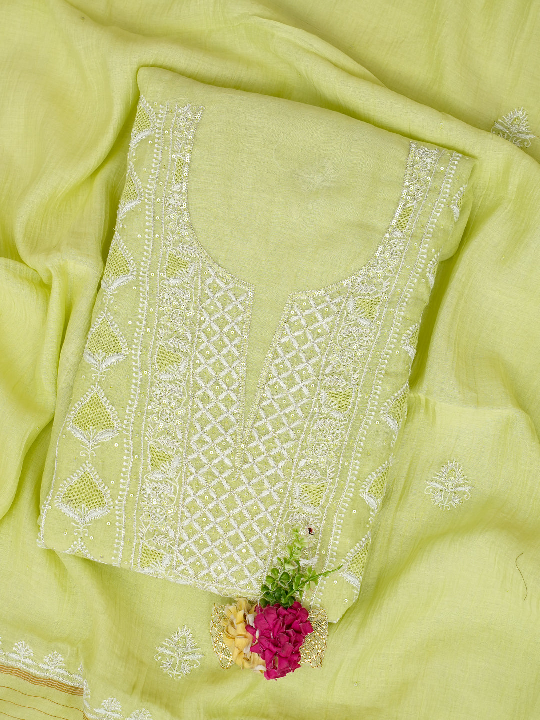 Ada Hand Embroidered Green Chanderi Lucknowi Chikankari Unstitched Kurta Dupatta Set With Zari Work 01A963325