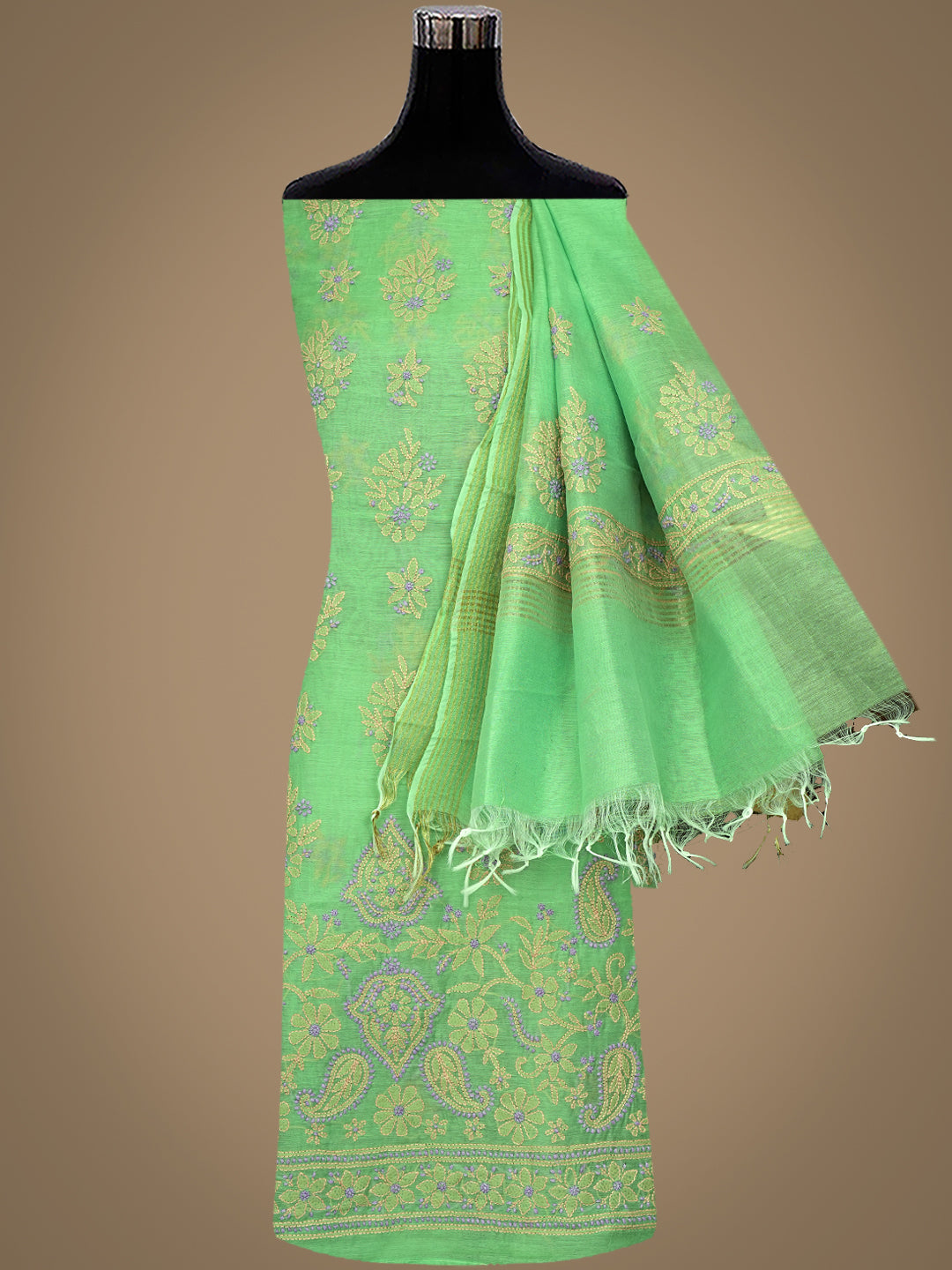 Ada Hand Embroidered Green Chanderi Lucknowi Chikankari Unstitched Kurta Dupatta set  01A999143