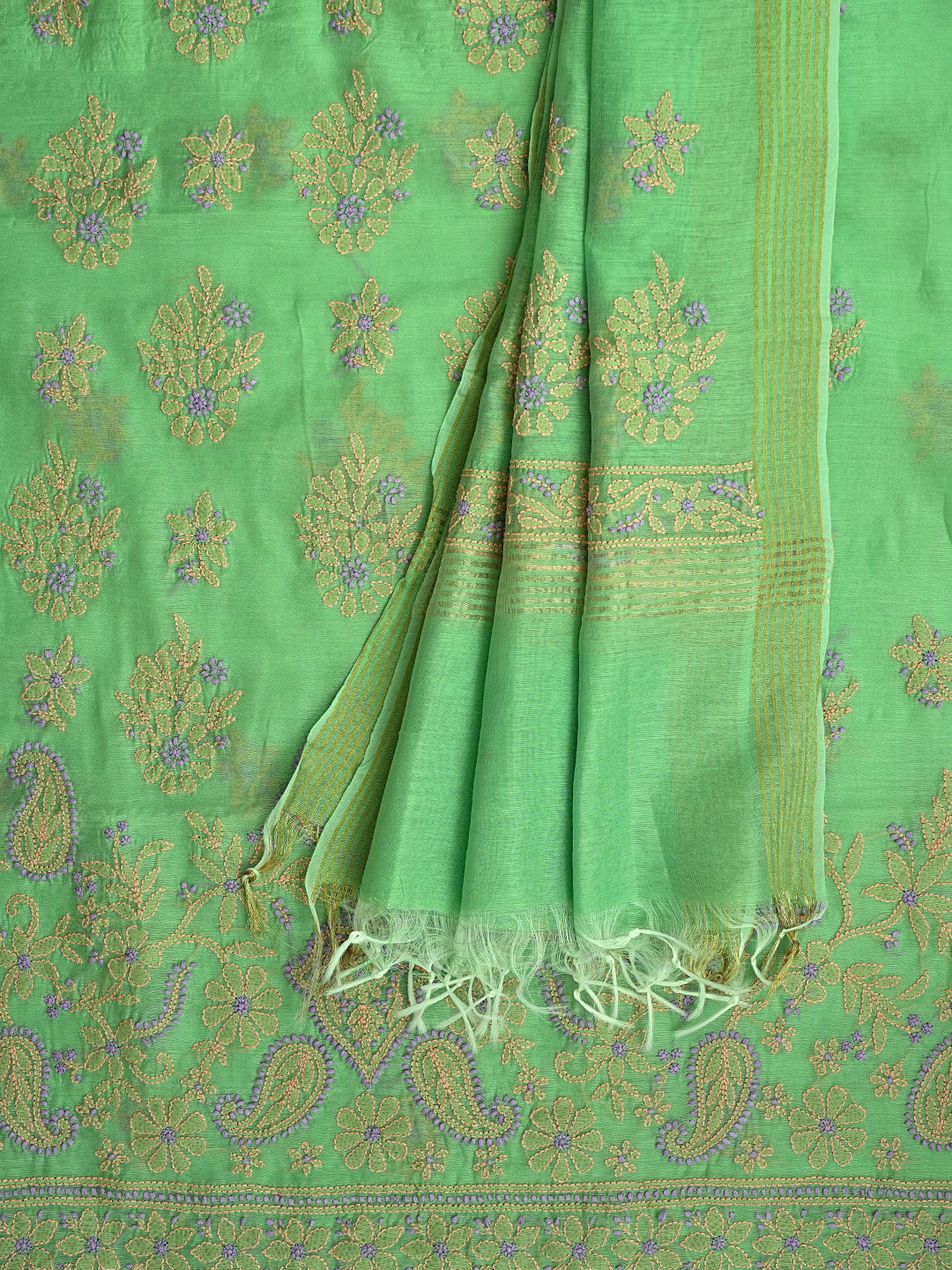 Ada Hand Embroidered Green Chanderi Lucknowi Chikankari Unstitched Kurta Dupatta set  01A999143