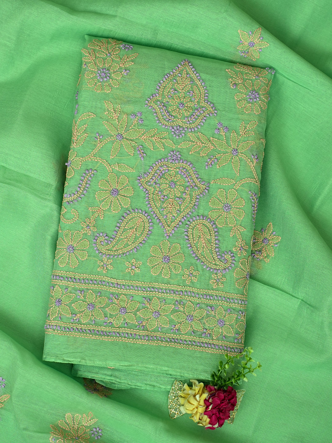Ada Hand Embroidered Green Chanderi Lucknowi Chikankari Unstitched Kurta Dupatta set  01A999143
