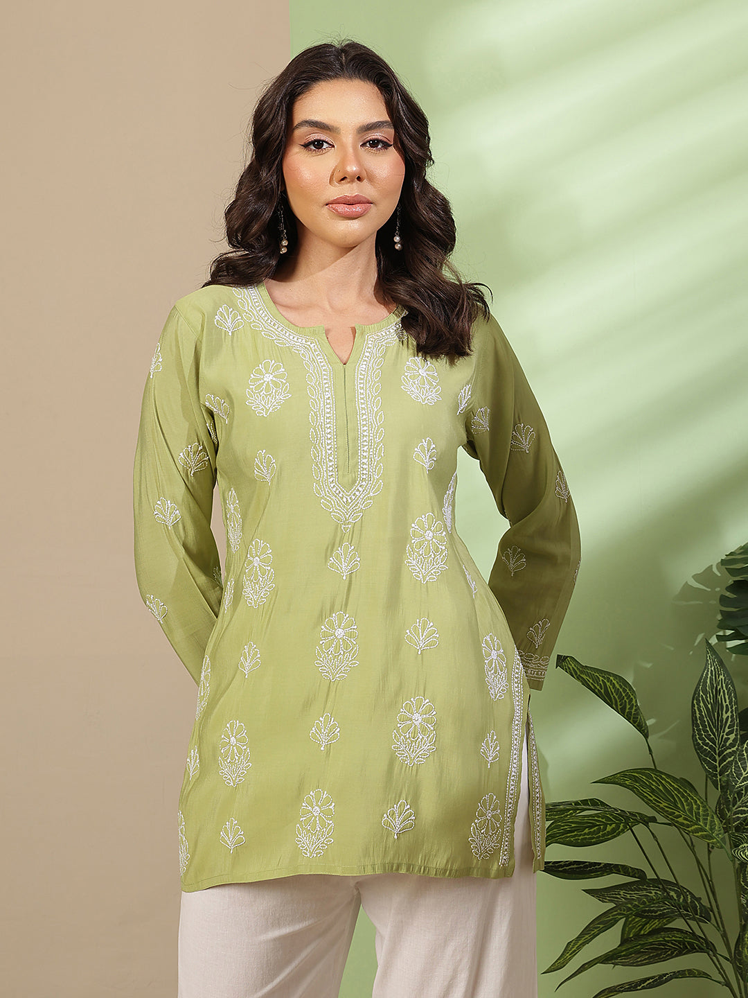 Ada Hand Embroidered Green Chanderi Silk Lucknowi Chikankari Short Kurti A911564