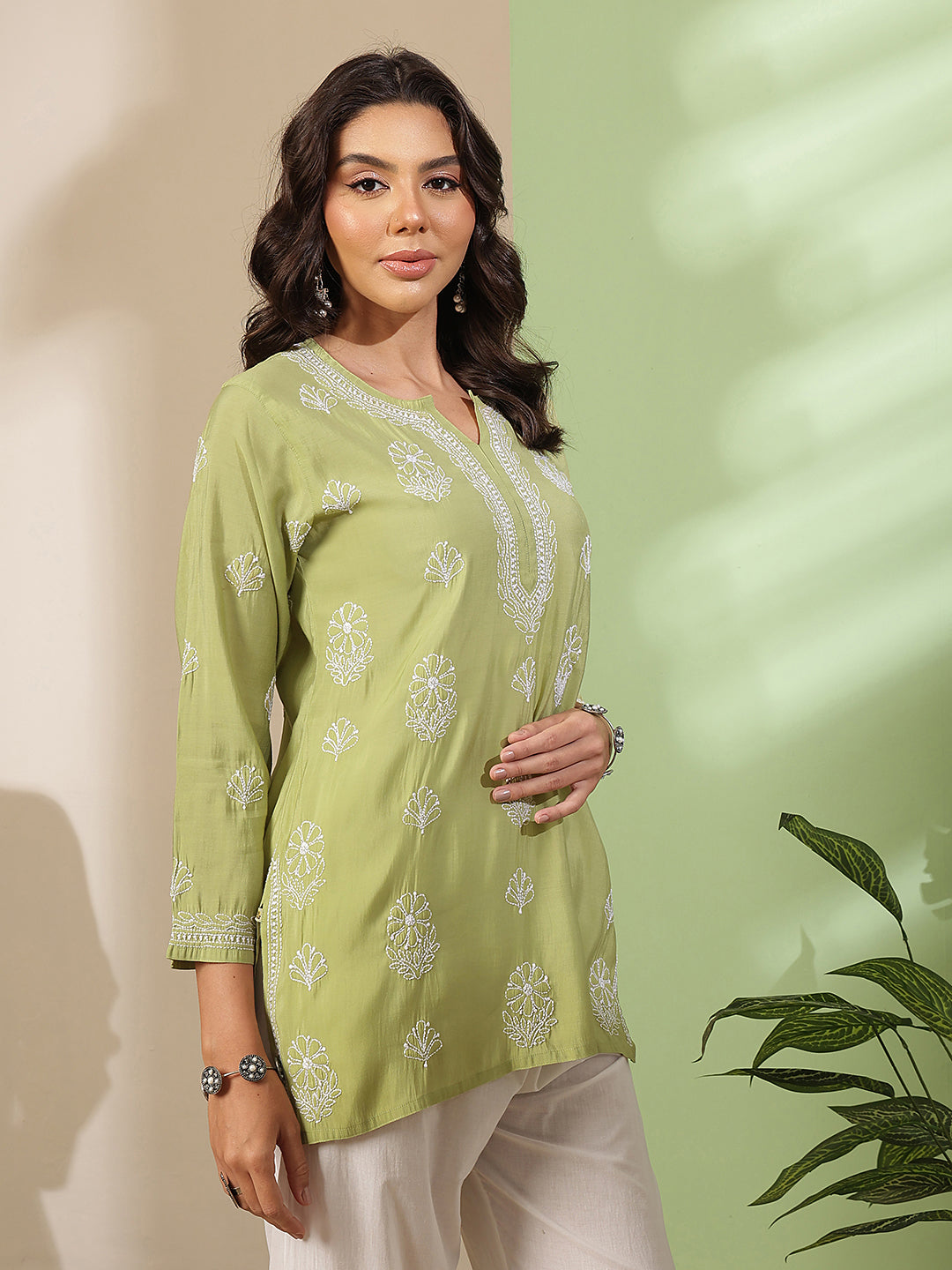 Ada Hand Embroidered Green Chanderi Silk Lucknowi Chikankari Short Kurti A911564