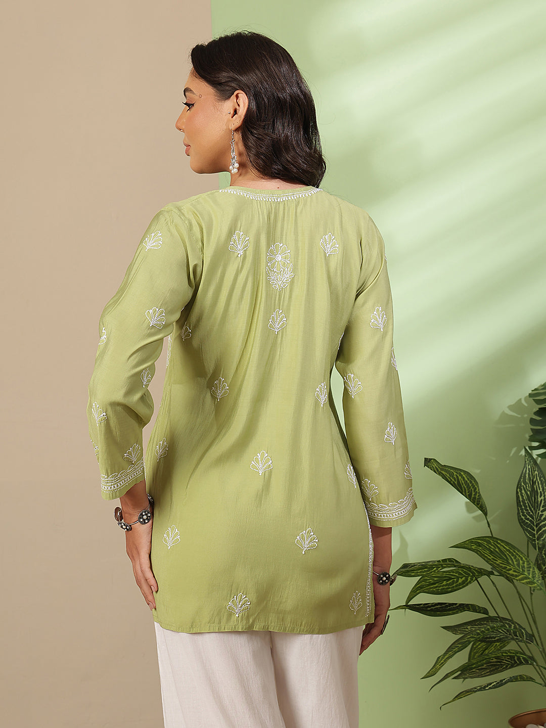 Ada Hand Embroidered Green Chanderi Silk Lucknowi Chikankari Short Kurti A911564