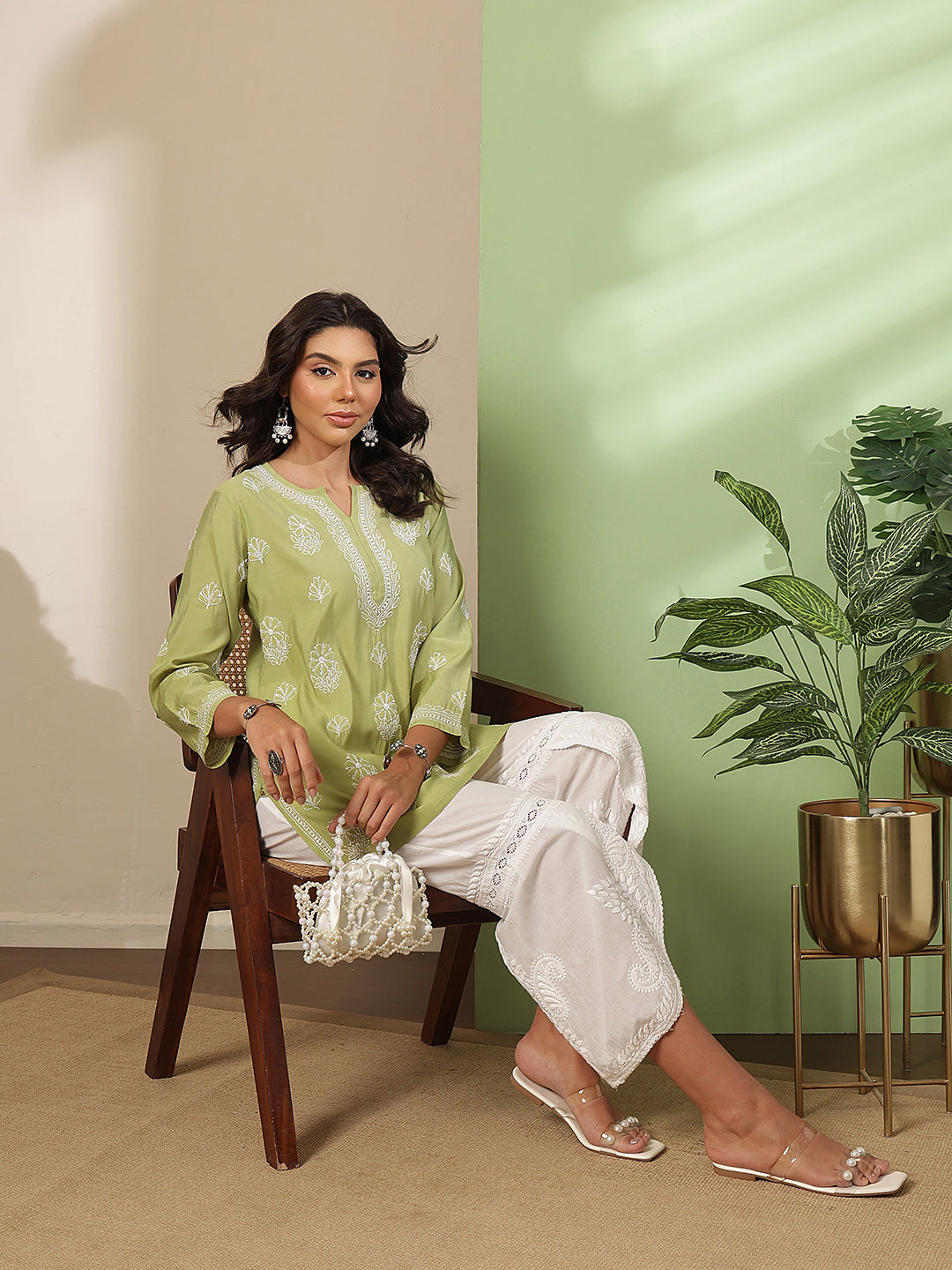 Ada Hand Embroidered Green Chanderi Silk Lucknowi Chikankari Short Kurti A911564