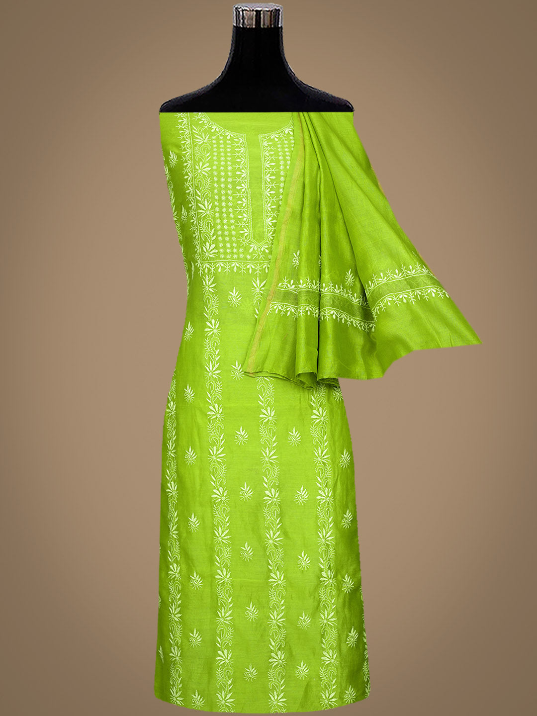 Ada Hand Embroidered Green Chanderi Unstitched Lucknowi Chikankari Kurta Dupatta Set 07A502331