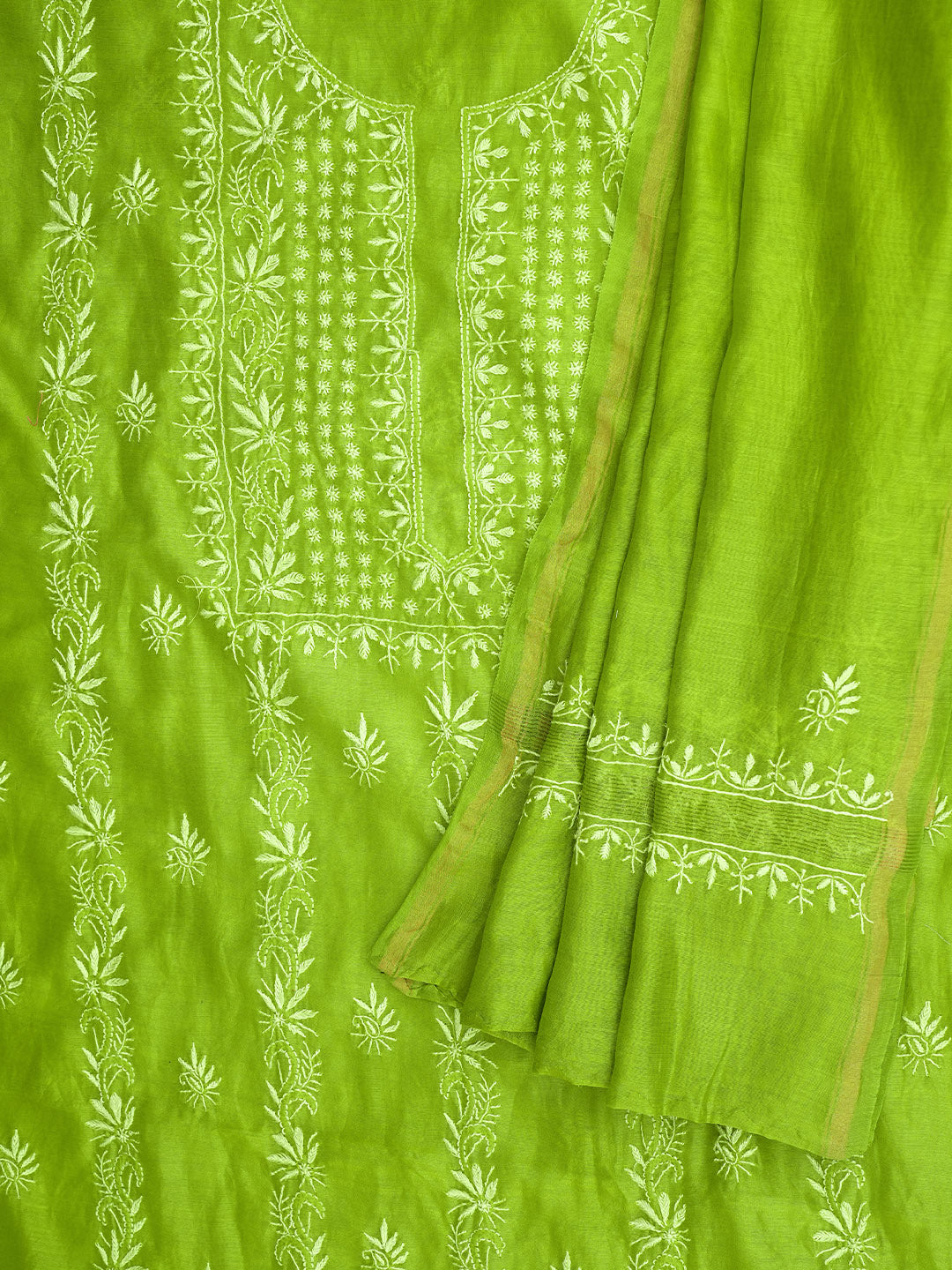Ada Hand Embroidered Green Chanderi Unstitched Lucknowi Chikankari Kurta Dupatta Set 07A502331