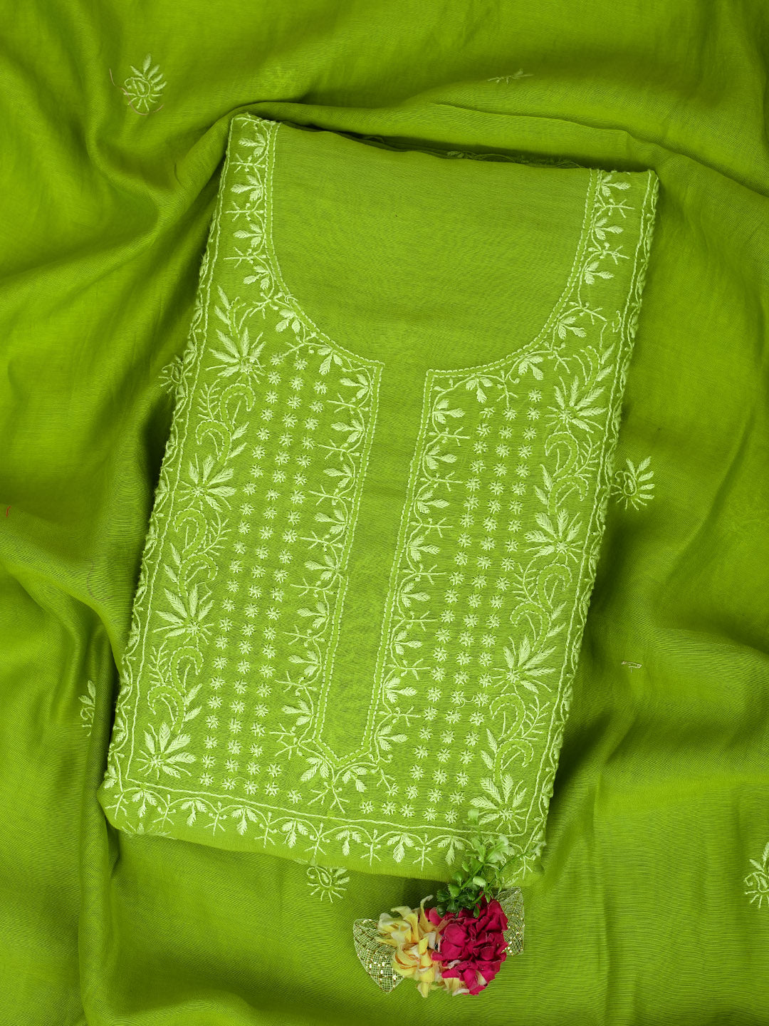 Ada Hand Embroidered Green Chanderi Unstitched Lucknowi Chikankari Kurta Dupatta Set 07A502331