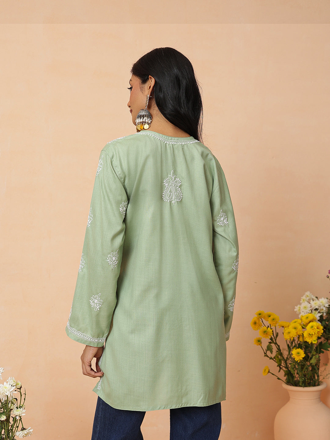Ada Hand Embroidered Pista Green Cotton Lucknowi Chikankari Short Kurti A911569