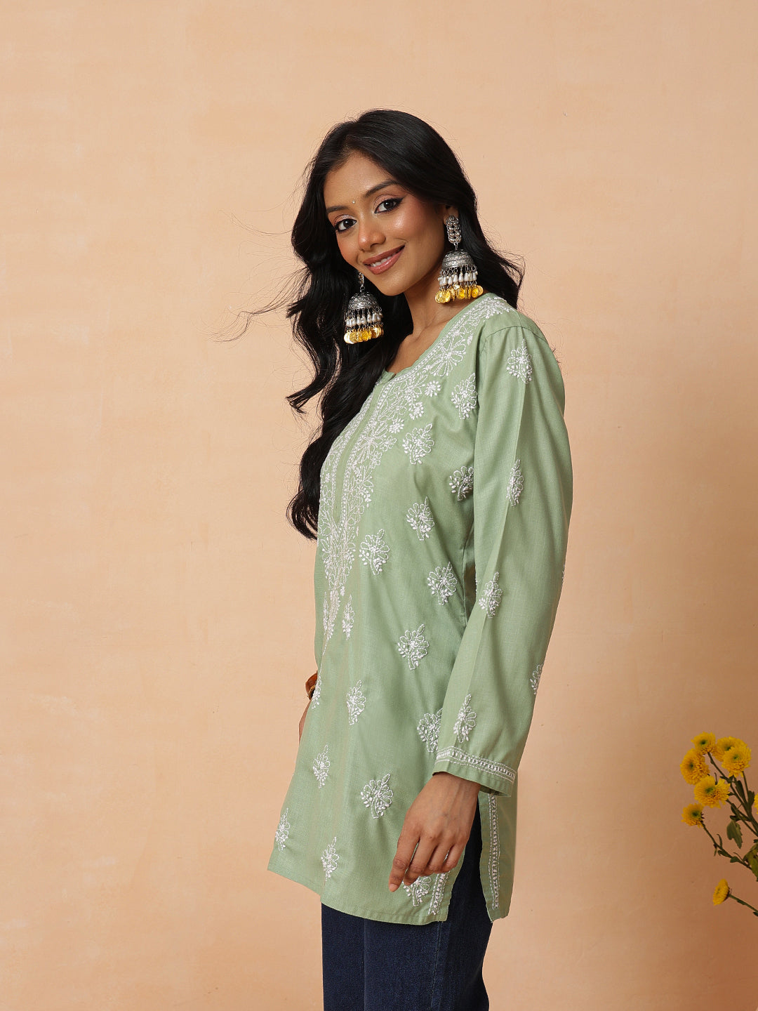 Ada Hand Embroidered Pista Green Cotton Lucknowi Chikankari Short Kurti A911569