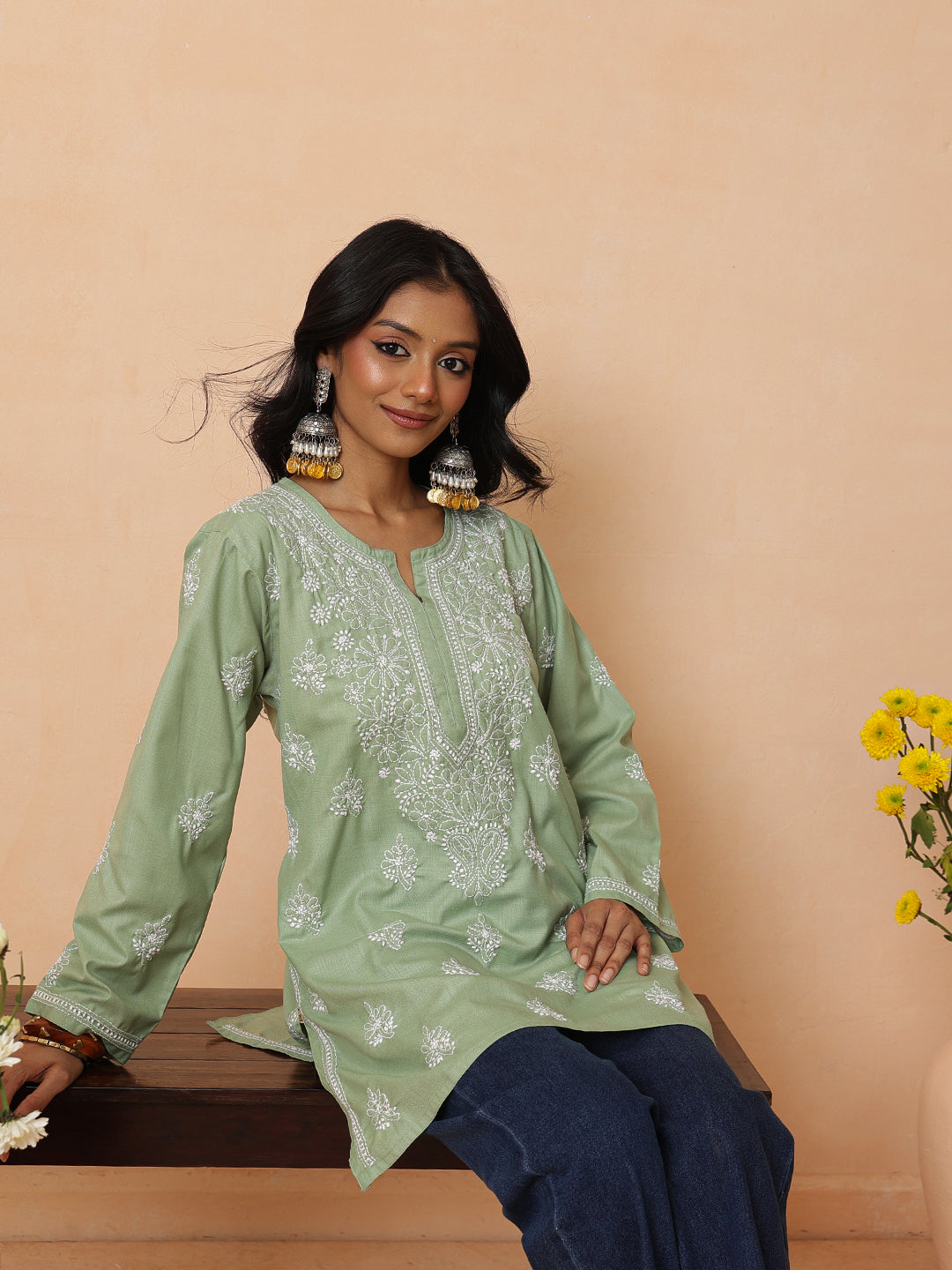 Ada Hand Embroidered Pista Green Cotton Lucknowi Chikankari Short Kurti A911569