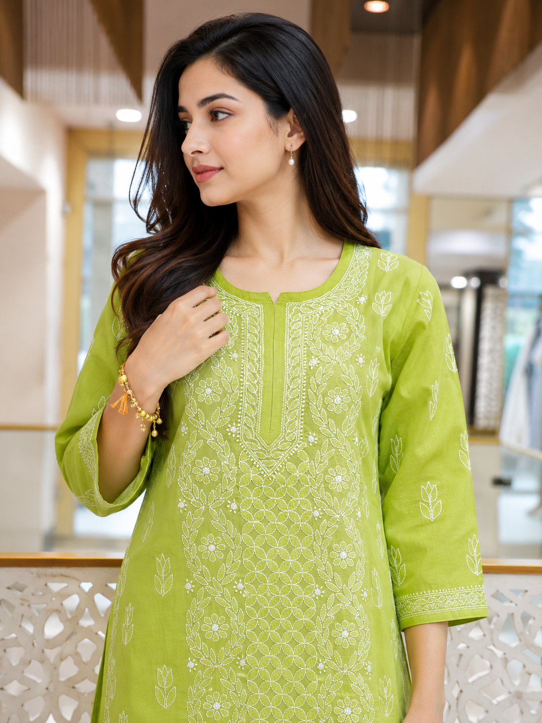 Ada Hand Embroidered Green Cotton Lucknowi Chikankari Short Kurti A911603_2