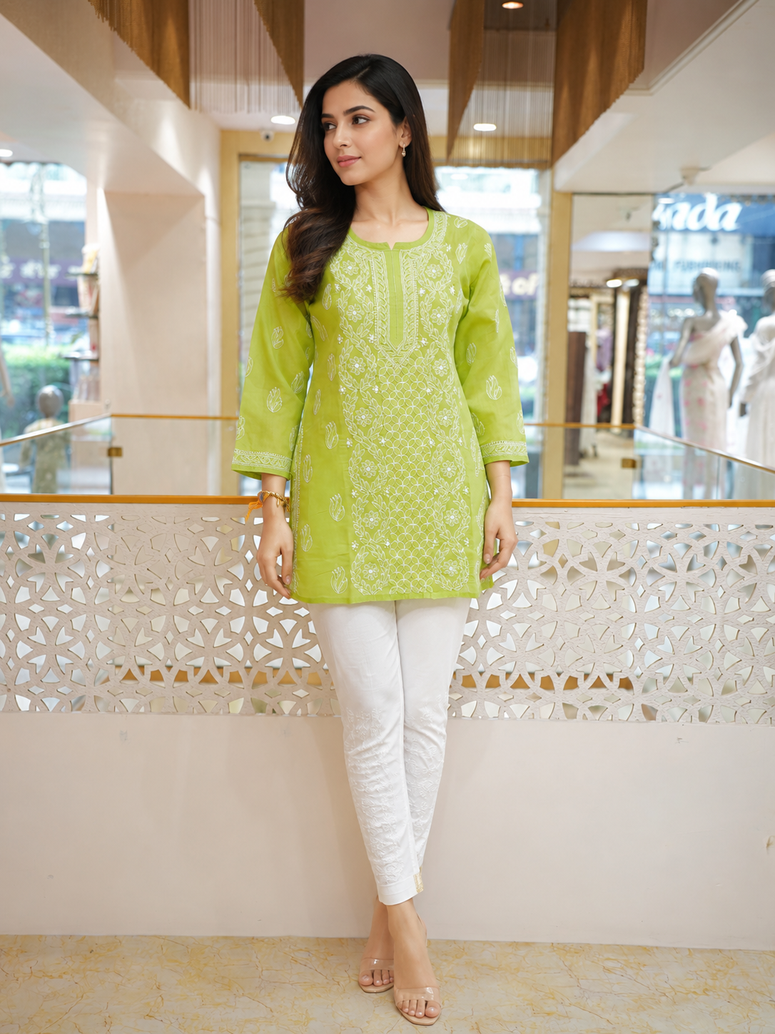 Ada Hand Embroidered Green Cotton Lucknowi Chikankari Short Kurti A911603_4