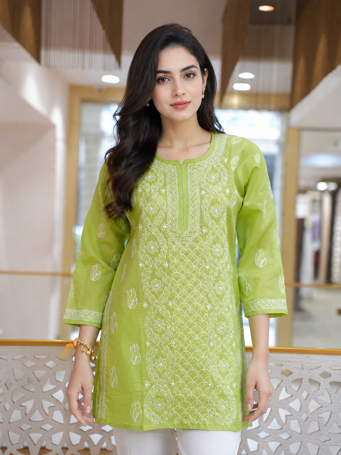 Ada Hand Embroidered Green Cotton Lucknowi Chikankari Short Kurti A911603_1