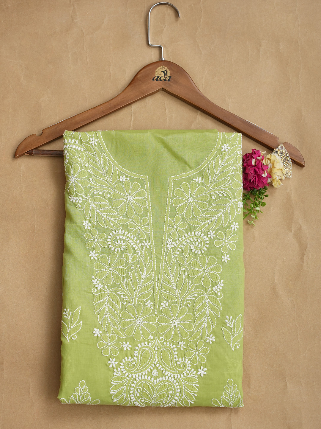 Ada Hand Embroidered Green Cotton Lucknowi Chikankari Unstitched Kurta 01A992042