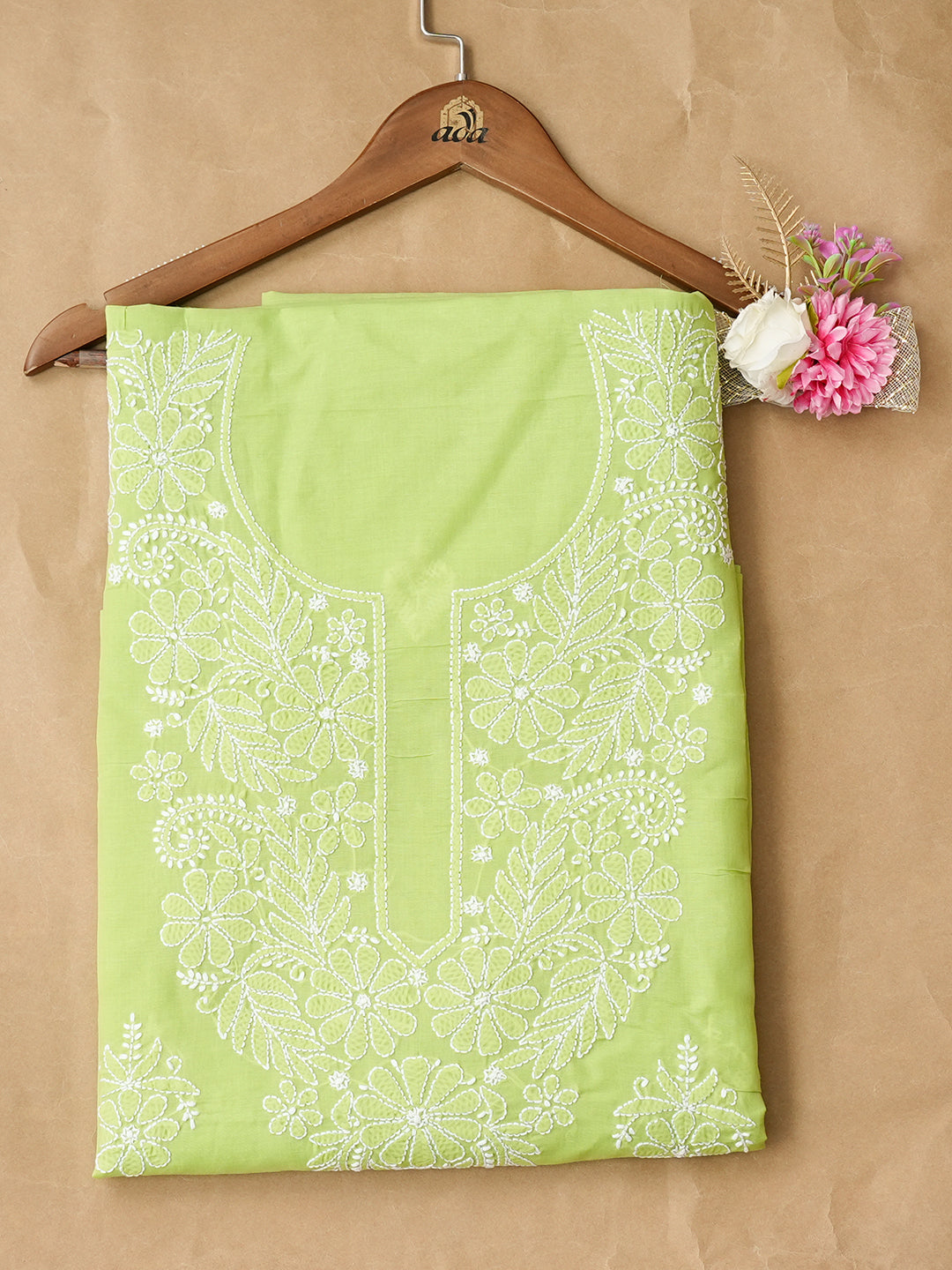 Ada Hand Embroidered Green Cotton Lucknowi Chikankari Unstitched Kurta Piece 01A1010441