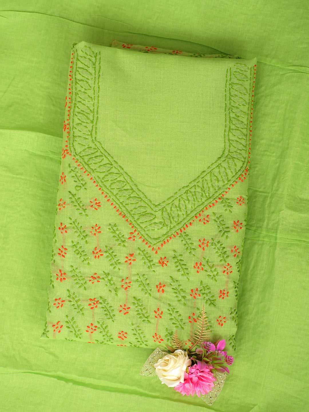 Ada Hand Embroidered Green Cotton Lucknowi Chikankari Unstitched Suit Piece 01A947762_1